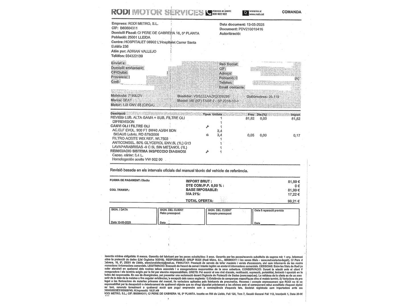 Foto del mantenimiento del Seat Mii SEAT Mii 1.0 Ecofuel GNC Style Edition Plus (68 CV)