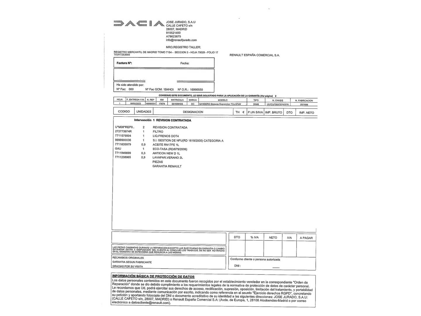 Foto del mantenimiento del Dacia Sandero Dacia Sandero Stepway Expression TCe (91 CV) CVT