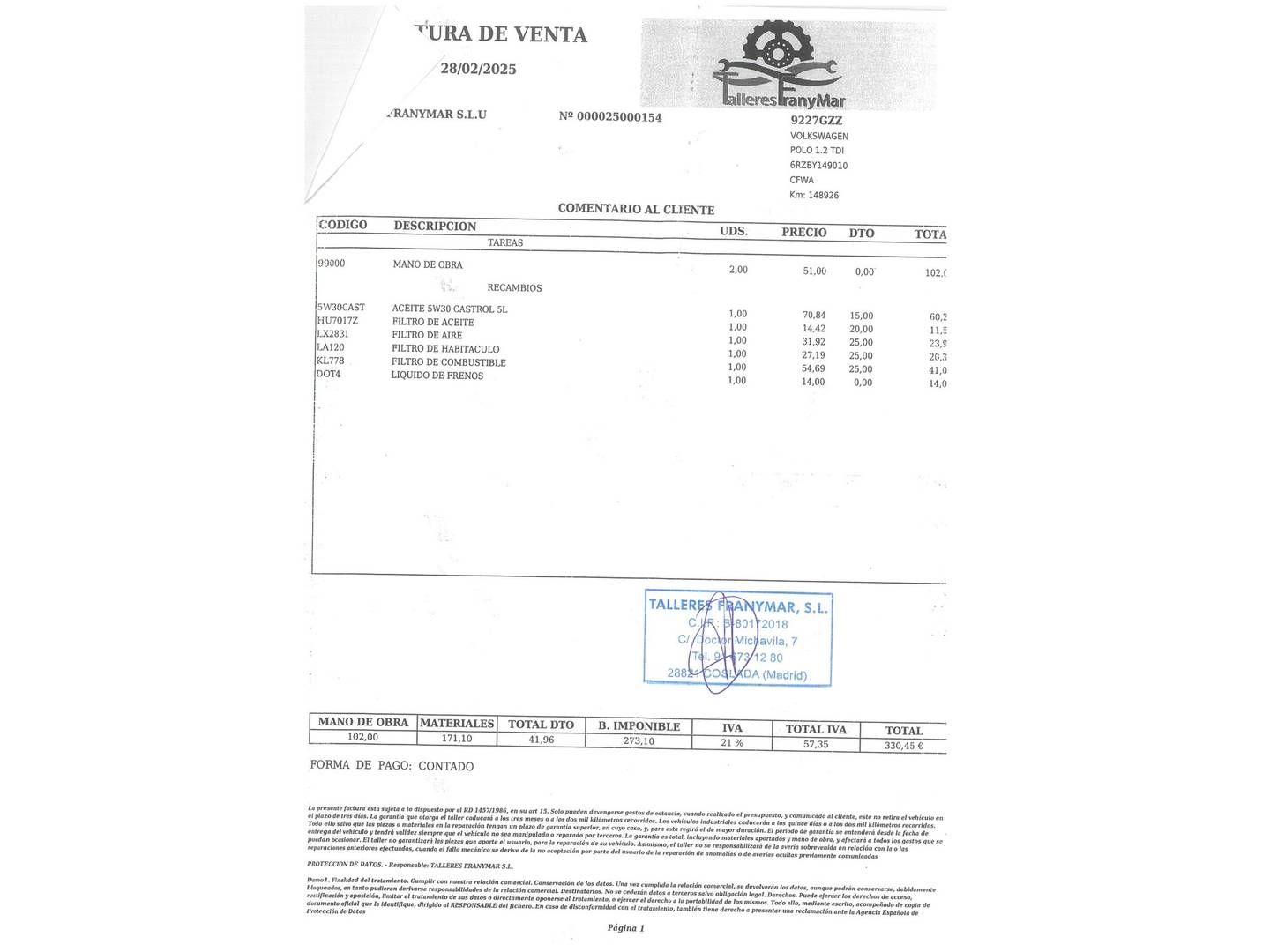 Foto del mantenimiento del Volkswagen Polo Volkswagen Polo Advance 1.2 TDI (75 CV)