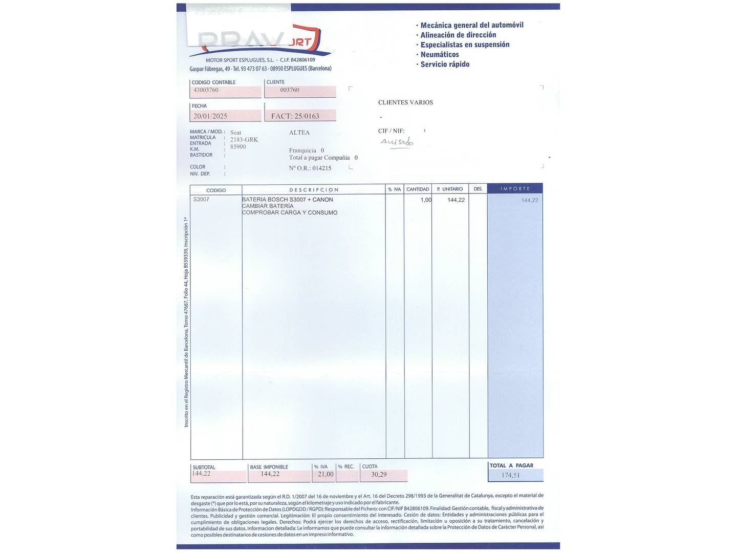 Foto del mantenimiento del Seat Altea SEAT Altea 1.8 TSI Sport (160 CV)