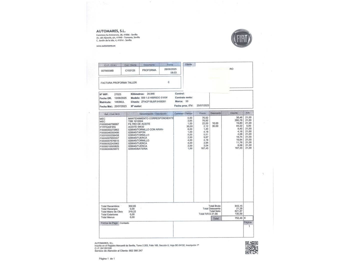 Foto del mantenimiento del Fiat 500 Fiat 500 1.0 Hybrid Monotrim (70 CV)