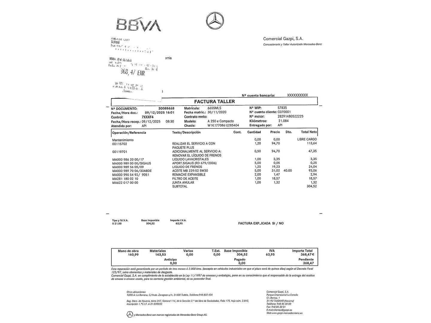 Foto del mantenimiento del Mercedes Clase A Mercedes Clase A 250 e (218 CV)