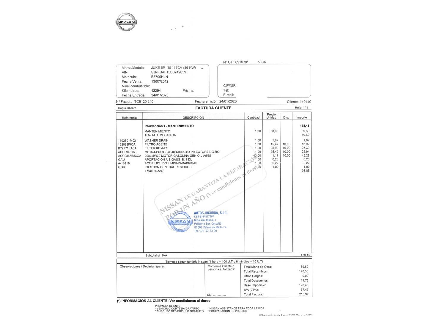 Foto del mantenimiento del Nissan JUKE Nissan Juke 1.6 Tekna Premium CVT 4X2 (117 CV)