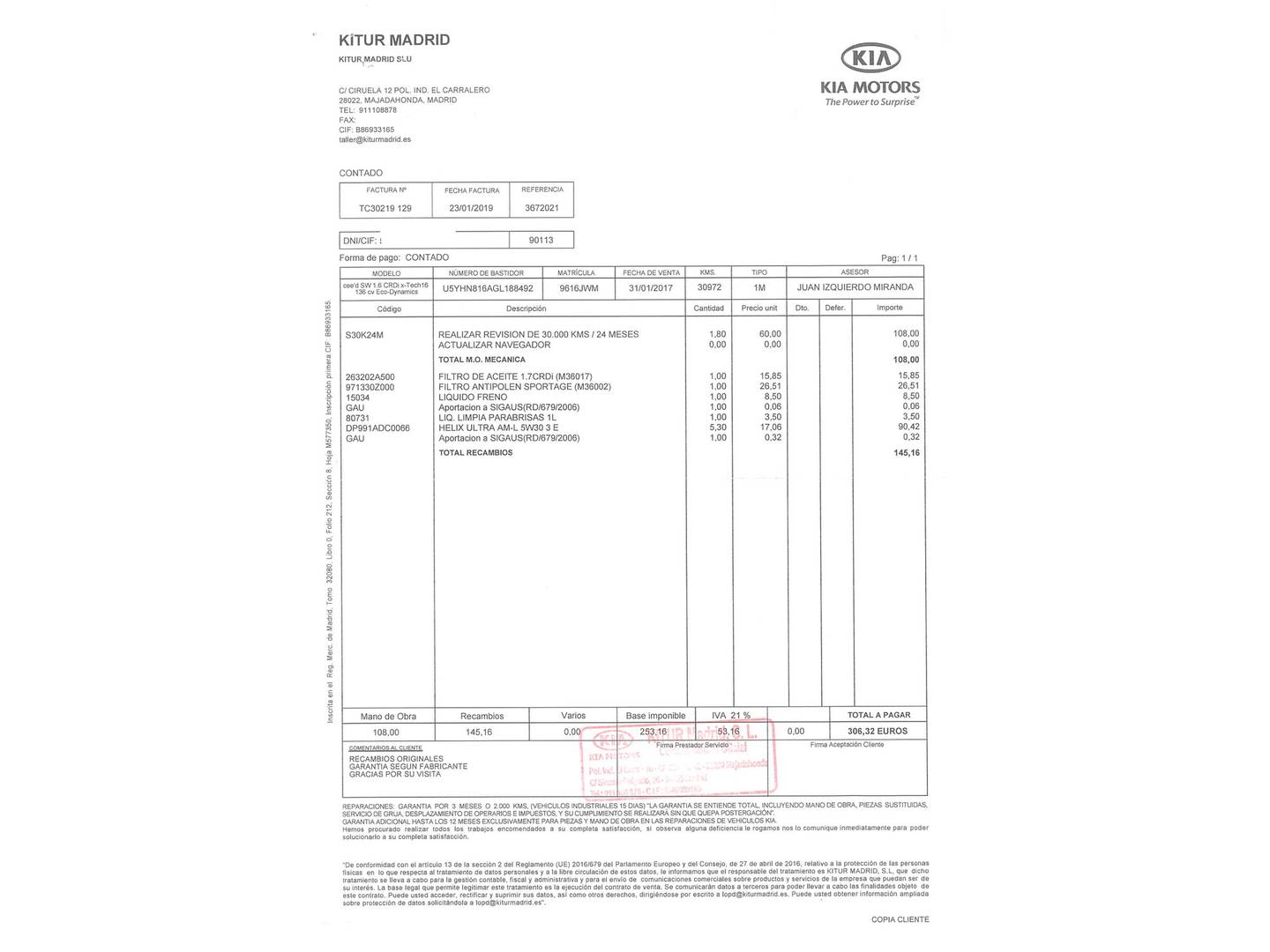 Foto del mantenimiento del KIA Ceed Sportswagon KIA Ceed Sportswagon 1.6 CRDi VGT x-Tech16 Eco-Dynamics (136 CV)