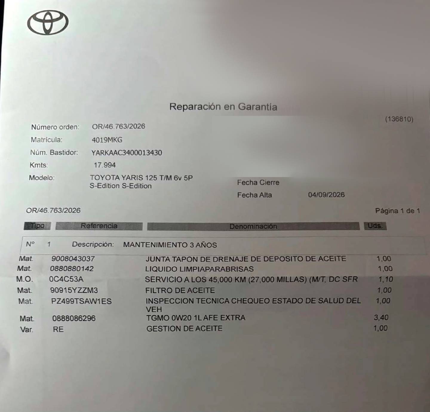 Foto del mantenimiento del Toyota Yaris Toyota Yaris 1.5 S-Edition (125 CV)