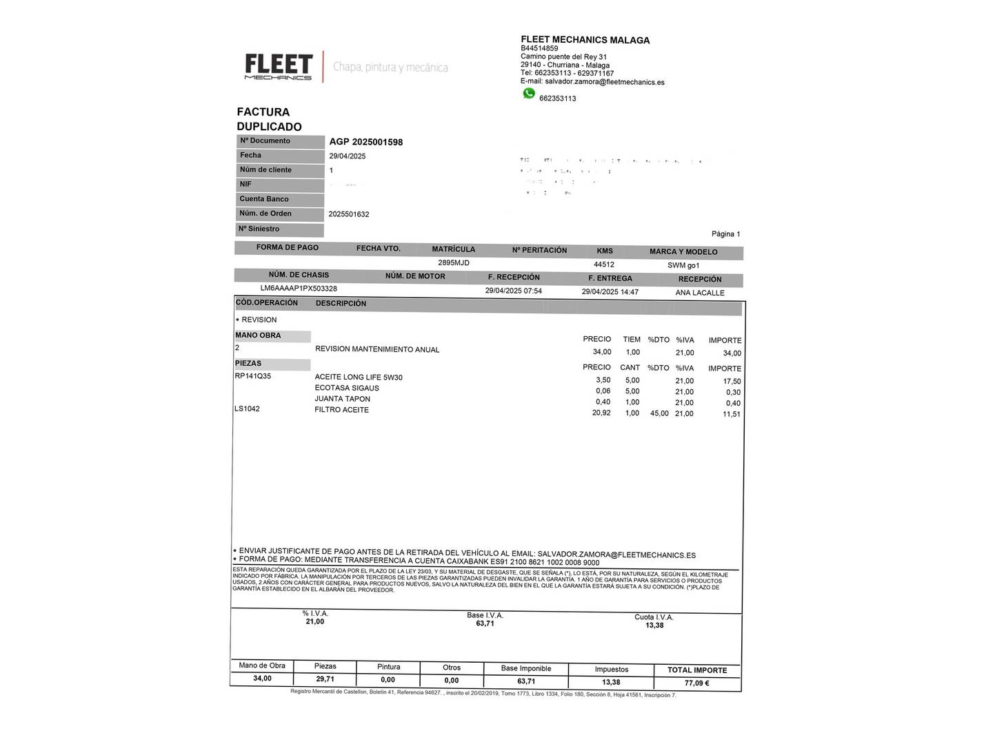 Foto del mantenimiento del SWM G01 SWM G01 1.5T Luxury (131 CV)