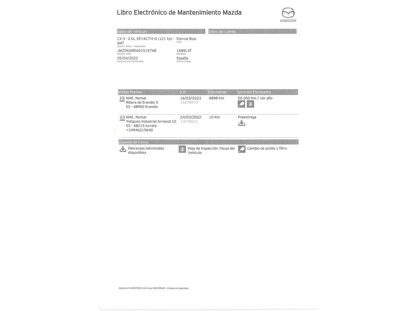 Foto del mantenimiento del Mazda CX-3 Mazda CX-3 2.0 G Zenith 2WD (121 CV)