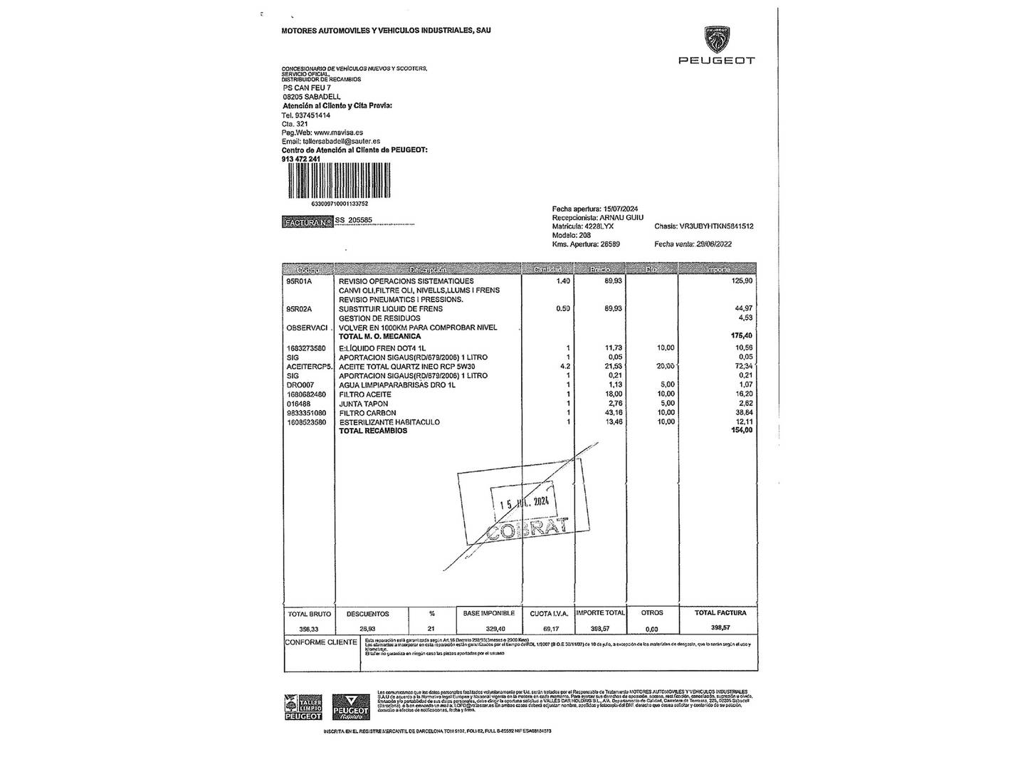Foto del mantenimiento del Peugeot 208 Peugeot 208 BlueHDi 100 GT (100 CV)