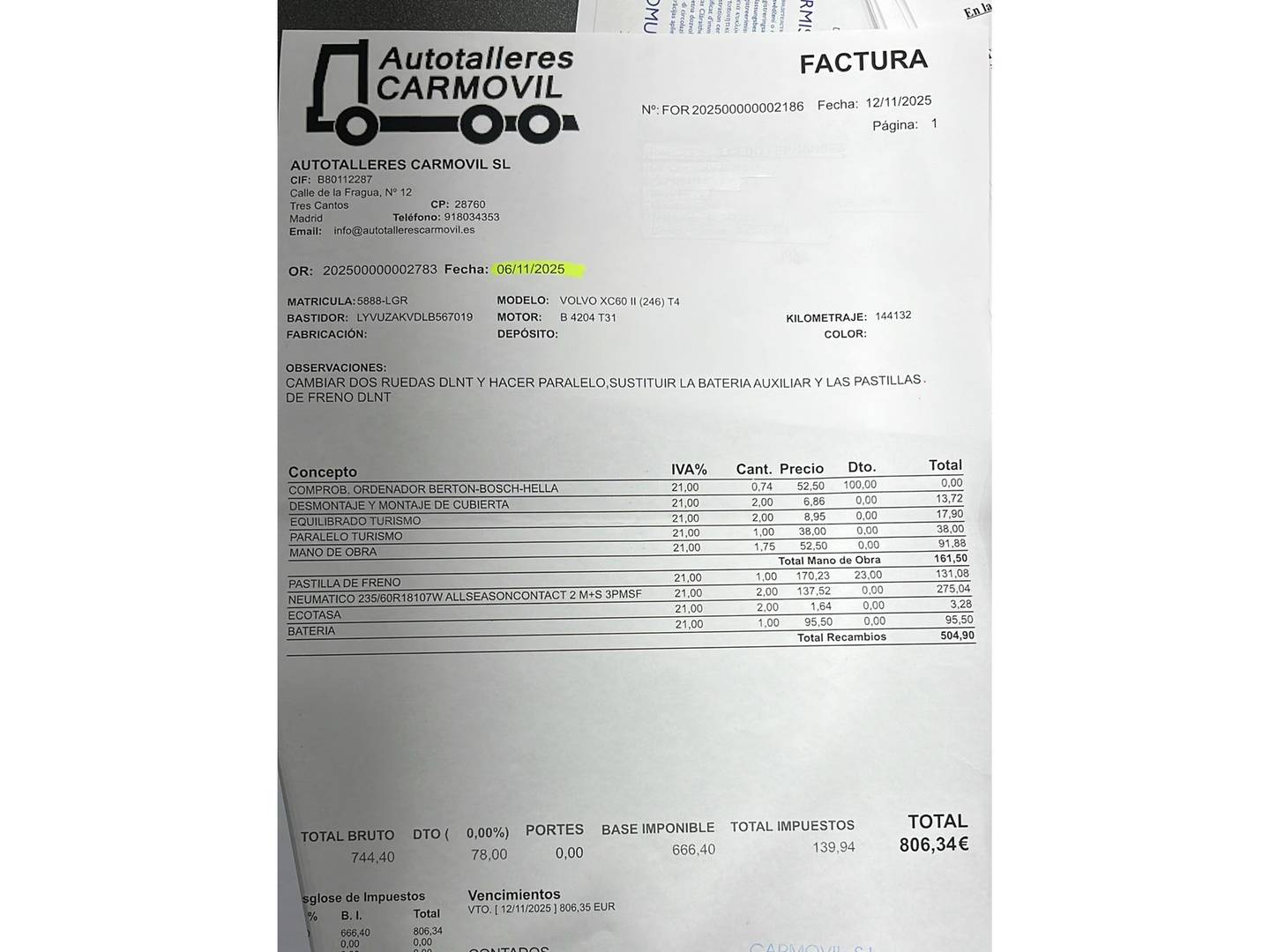 Foto del mantenimiento del Volvo XC60 Volvo XC60 T4 Business Plus Auto (190 CV)