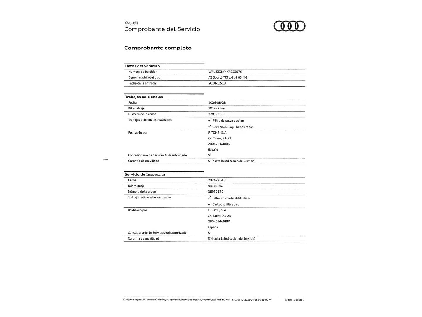 Foto del mantenimiento del Audi A3 Audi A3 Sportback Black Line 30 TDI (116 CV) S-Line