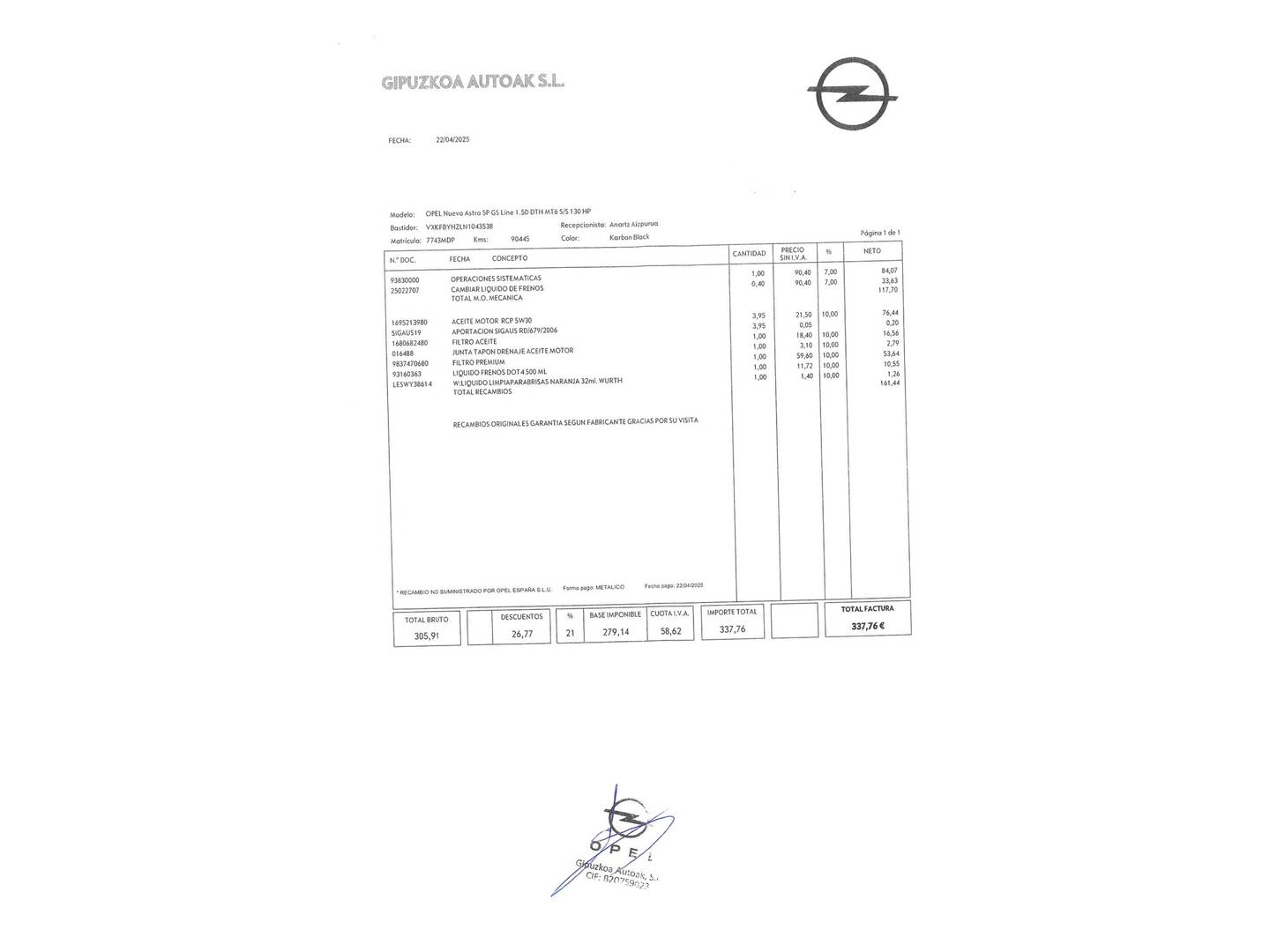 Foto del mantenimiento del Opel Astra Opel Astra 1.5 D DTH GS Line (130 CV)