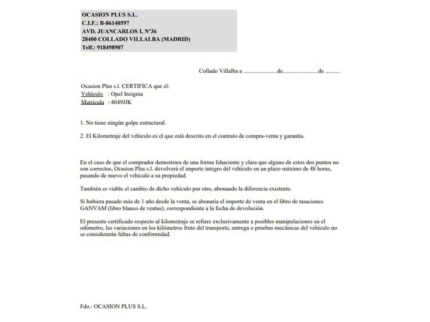 Foto del certificado del Opel Insignia Opel Insignia 2.0 CDTI S&S Sportive (170 CV)