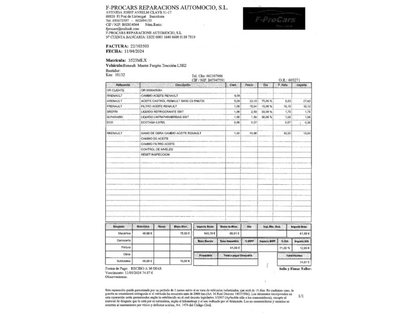Foto del mantenimiento del Renault Master RENAULT Master L4H2 3500 RS E B dCi (145CV)