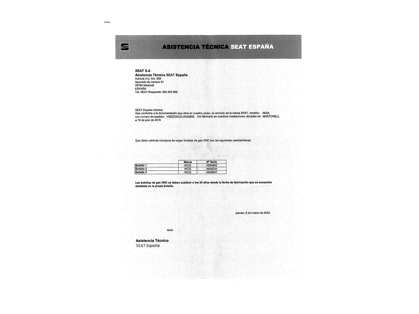 Foto del mantenimiento del Seat Ibiza Seat Ibiza 1.0 TGI FR (90 CV)