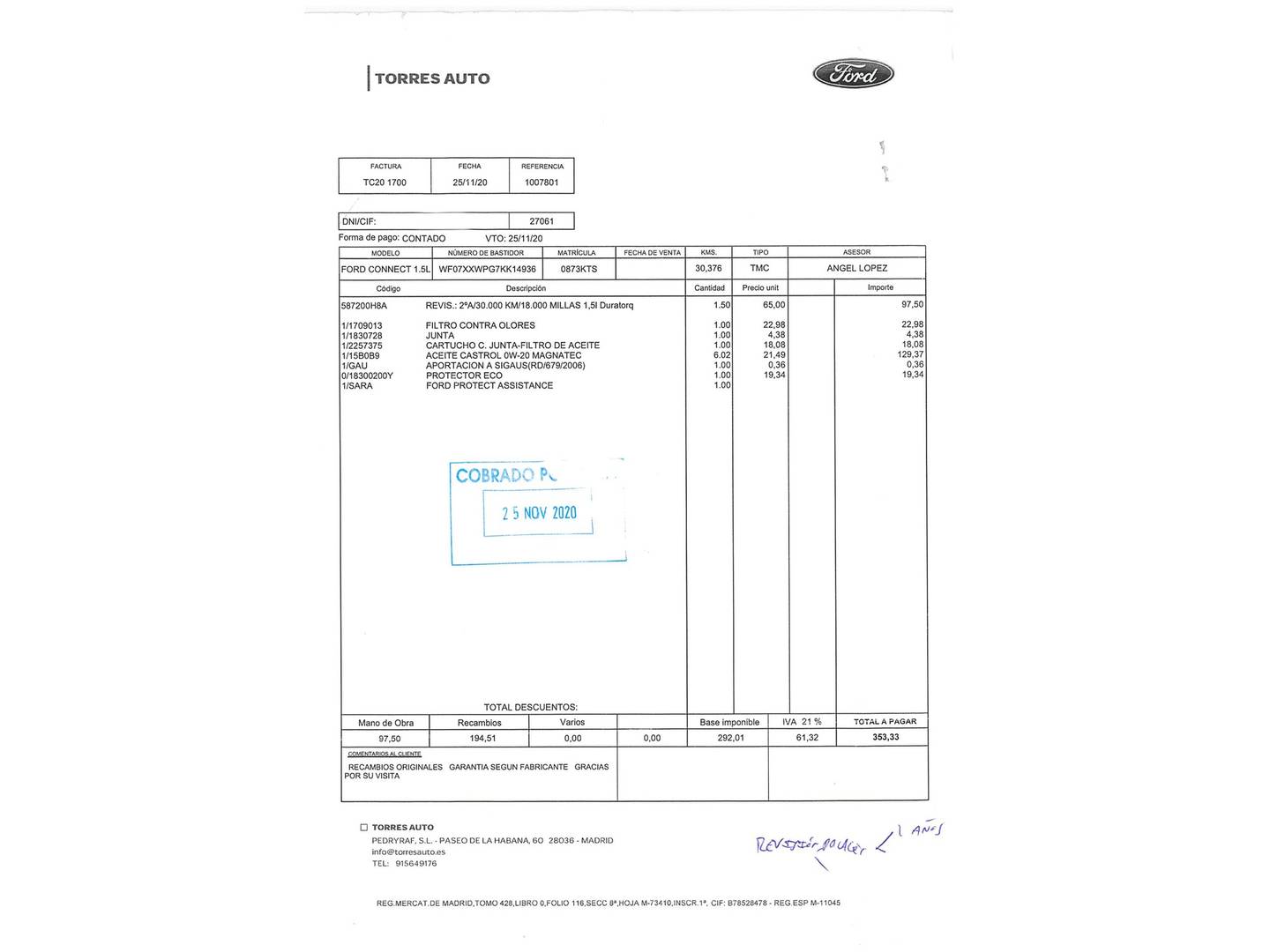Foto del mantenimiento del Ford Transit Connect Ford Transit Connect 1.5 TDCI Trend 230 L2  (120 CV) 7 Plazas