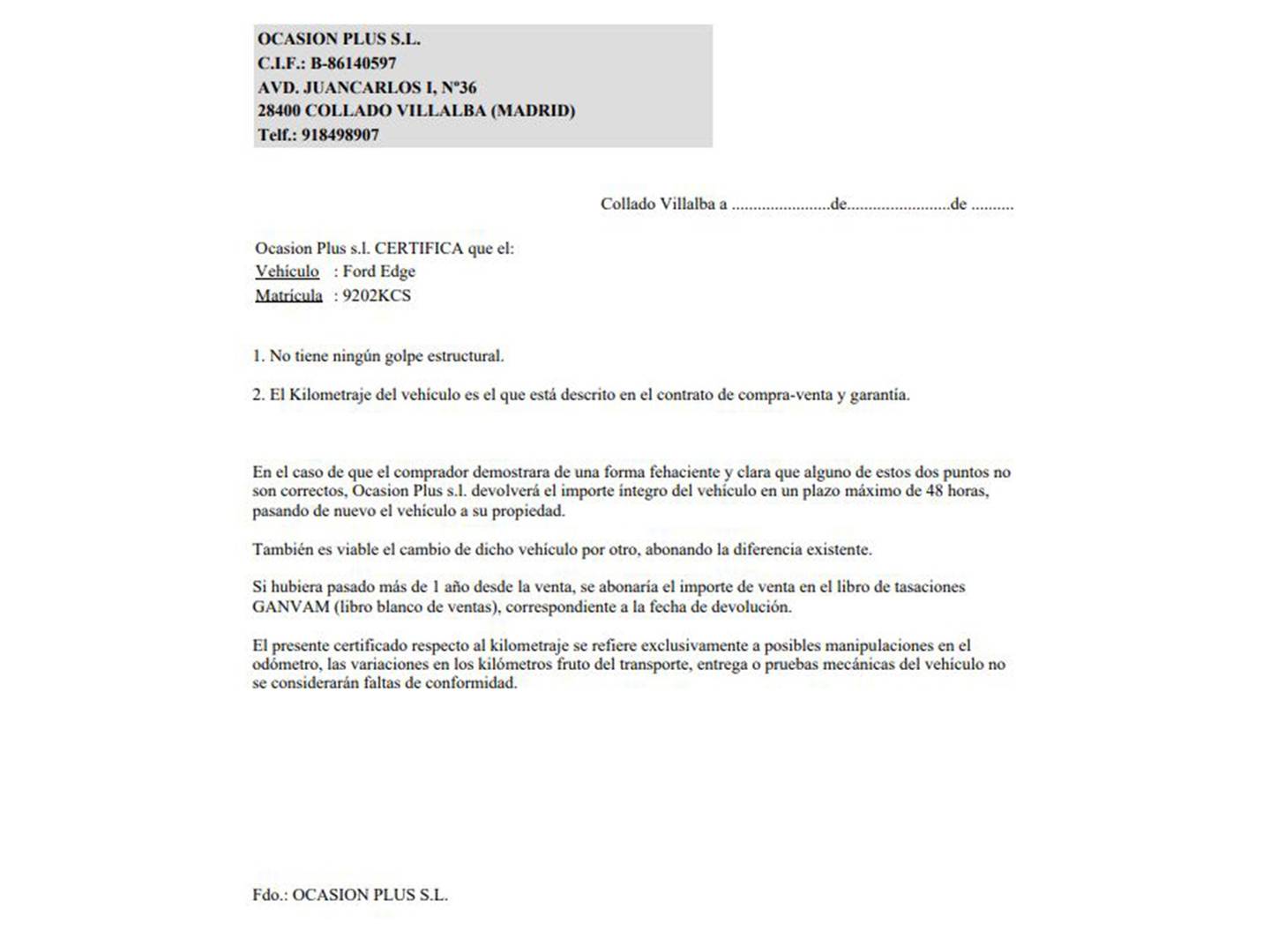 Foto del certificado del Ford Edge Ford Edge 2.0 TDCI Vignale 4x4 PowerShift (210 CV)