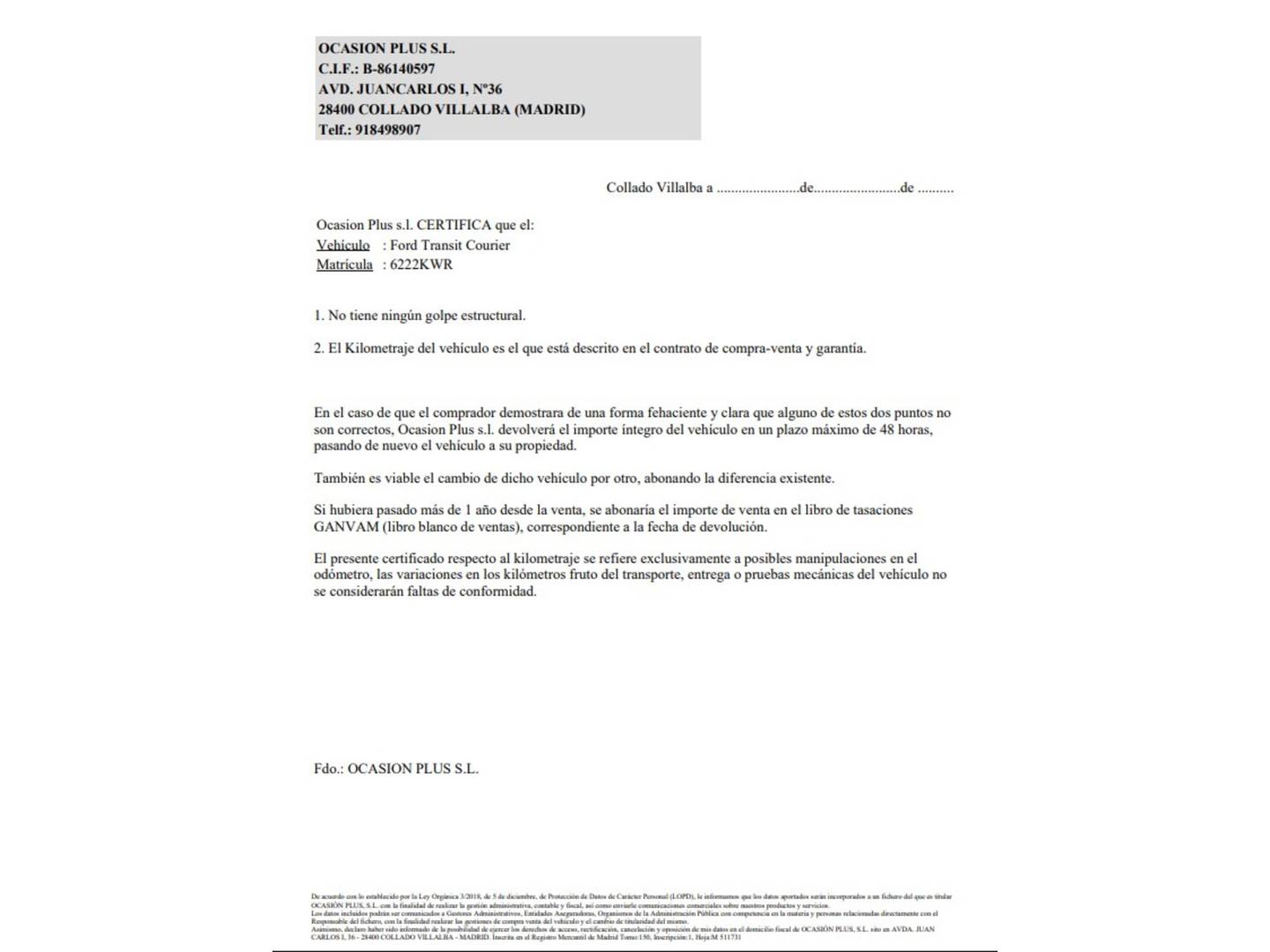 Foto del certificado del Ford Transit Courier Ford Transit Courier 1.0 EcoBoost Trend (100 CV)