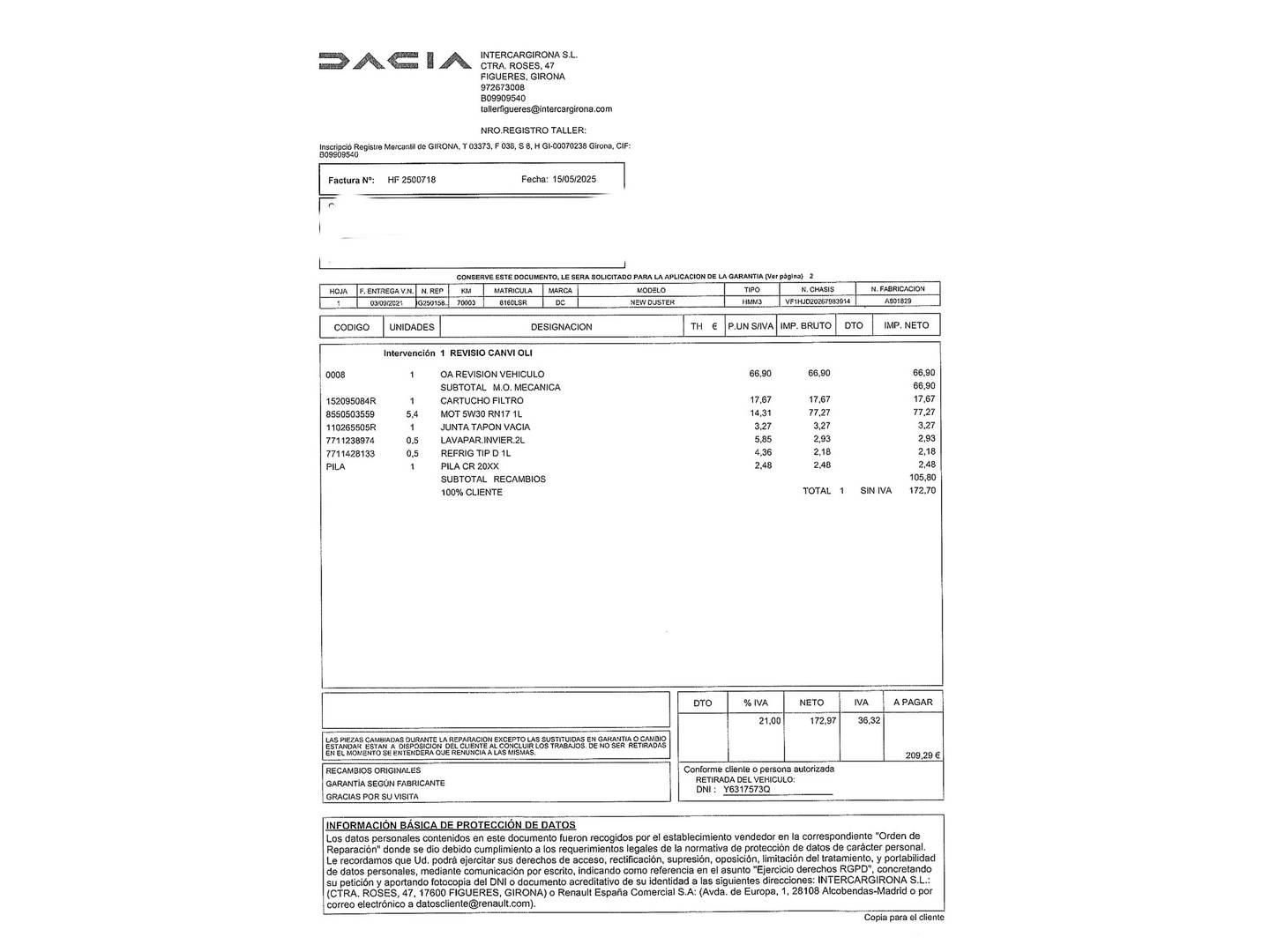 Foto del mantenimiento del Dacia Duster Dacia Duster Prestige TCE  (150 CV) EDC