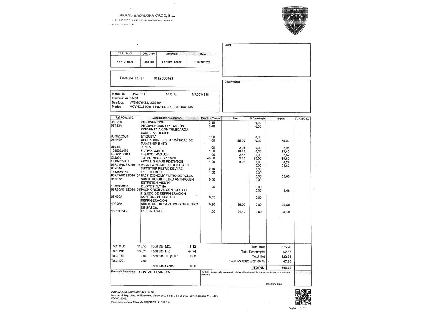 Foto del mantenimiento del Peugeot 5008 Peugeot 5008 BlueHDi 130 S&S Allure (130 CV) 7 Plazas