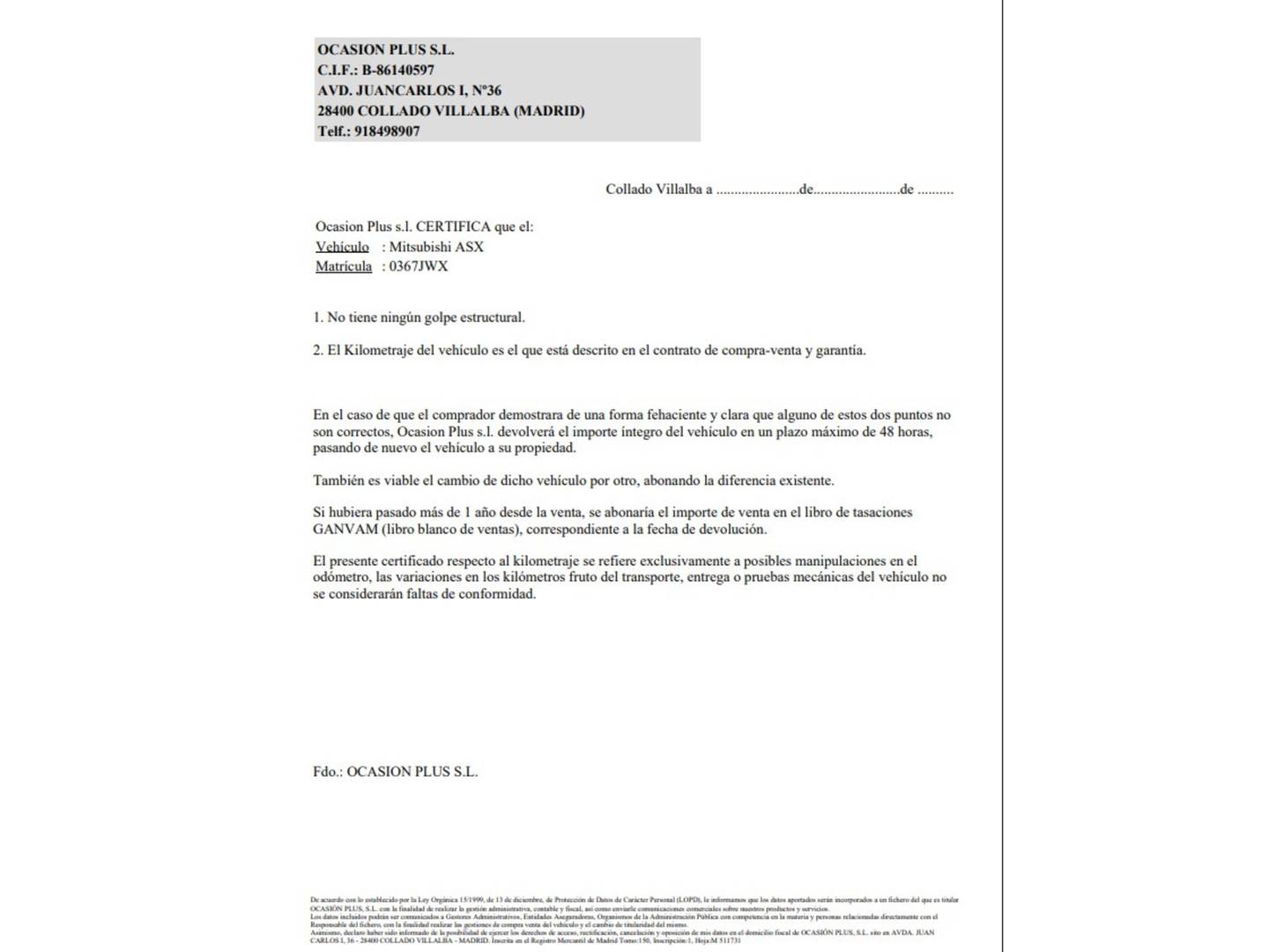 Foto del certificado del Mitsubishi ASX Mitsubishi ASX 160 DI-D Motion (114 CV)