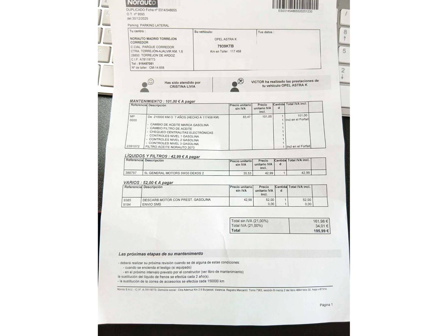 Foto del mantenimiento del Opel Astra Opel Astra 1.4 Turbo S&S Selective (125 CV)