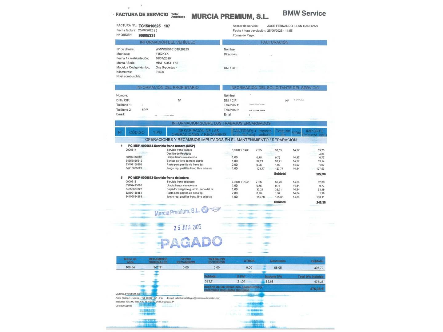 Foto del mantenimiento del Mini MINI Mini MINI Cooper 5 Puertas One (102 CV)