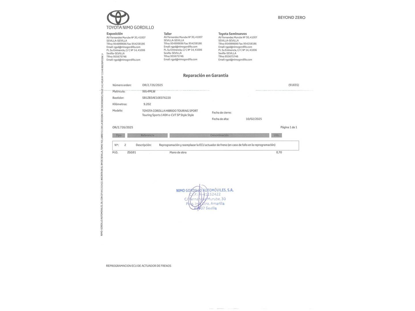 Foto del mantenimiento del Toyota Corolla Toyota Corolla Touring Sports 140H Style (140 CV)