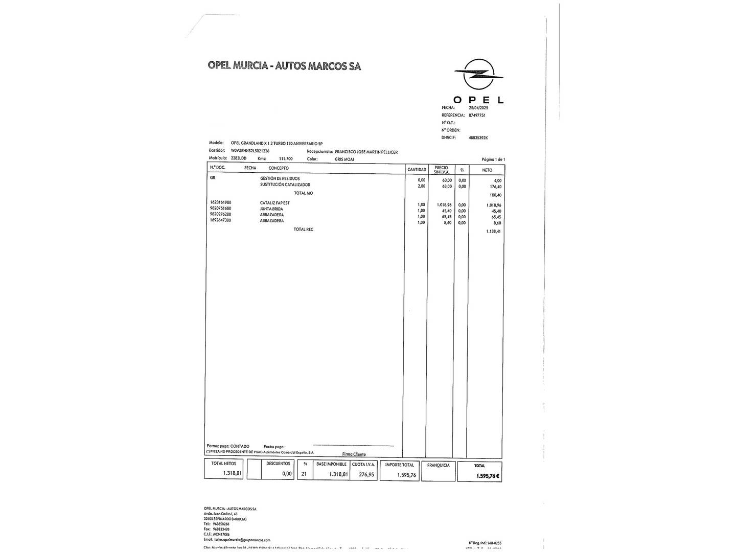 Foto del mantenimiento del Opel Grandland X Opel Grandland X 1.2 Turbo 120 Aniversario (130 CV)