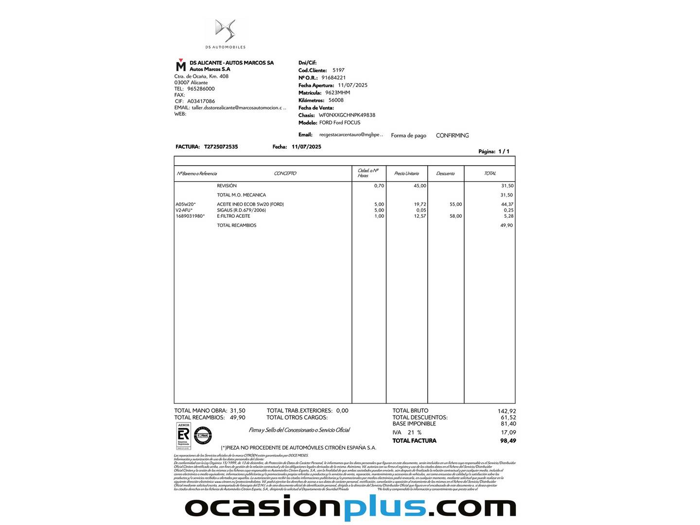 Foto del mantenimiento del Ford Focus Ford Focus 1.0 Ecoboost MHEV ST-Line (125 CV)