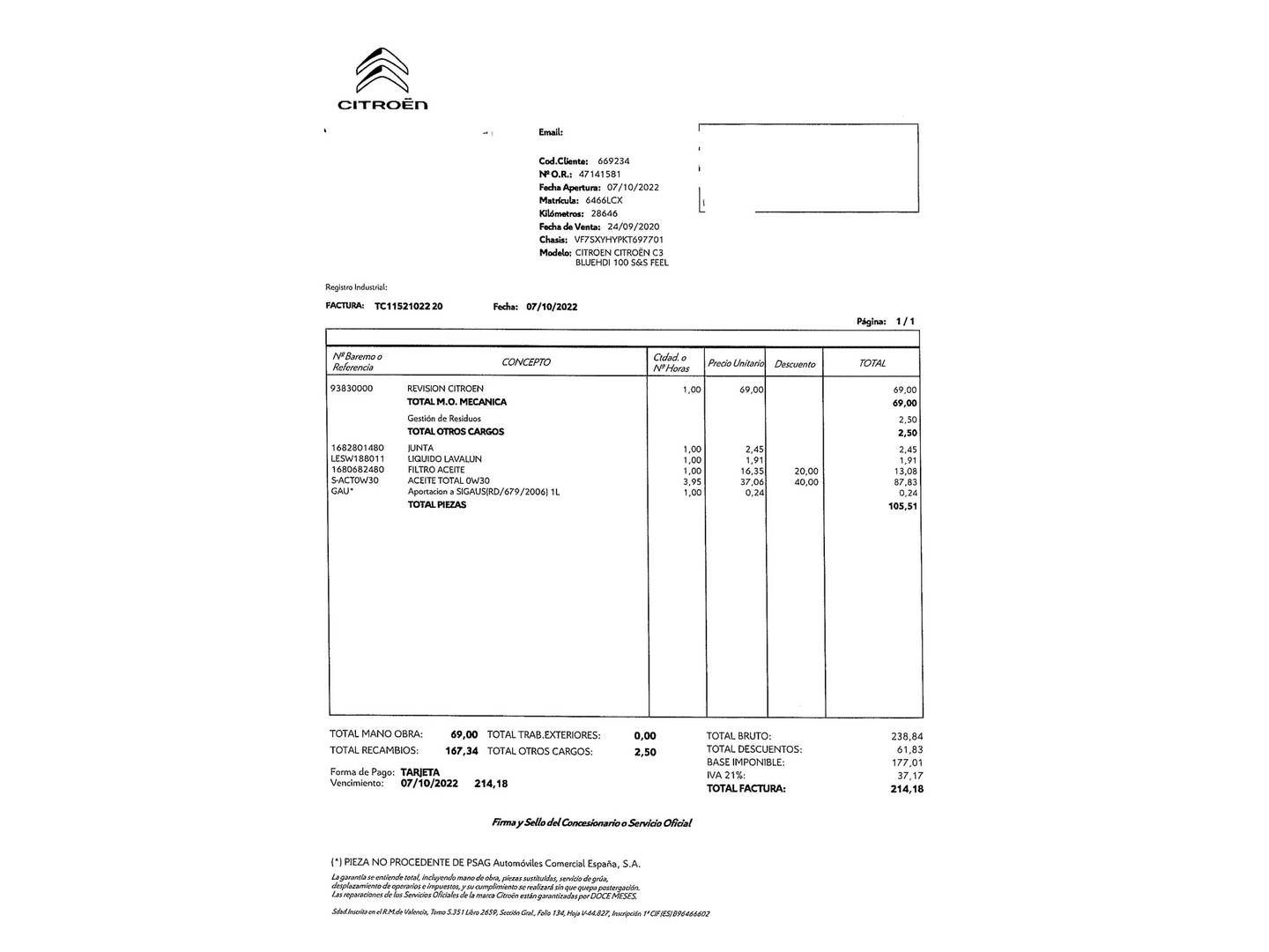 Foto del mantenimiento del Citroën C3 Citroën C3 BlueHDi 100 S&S Feel (99 CV)