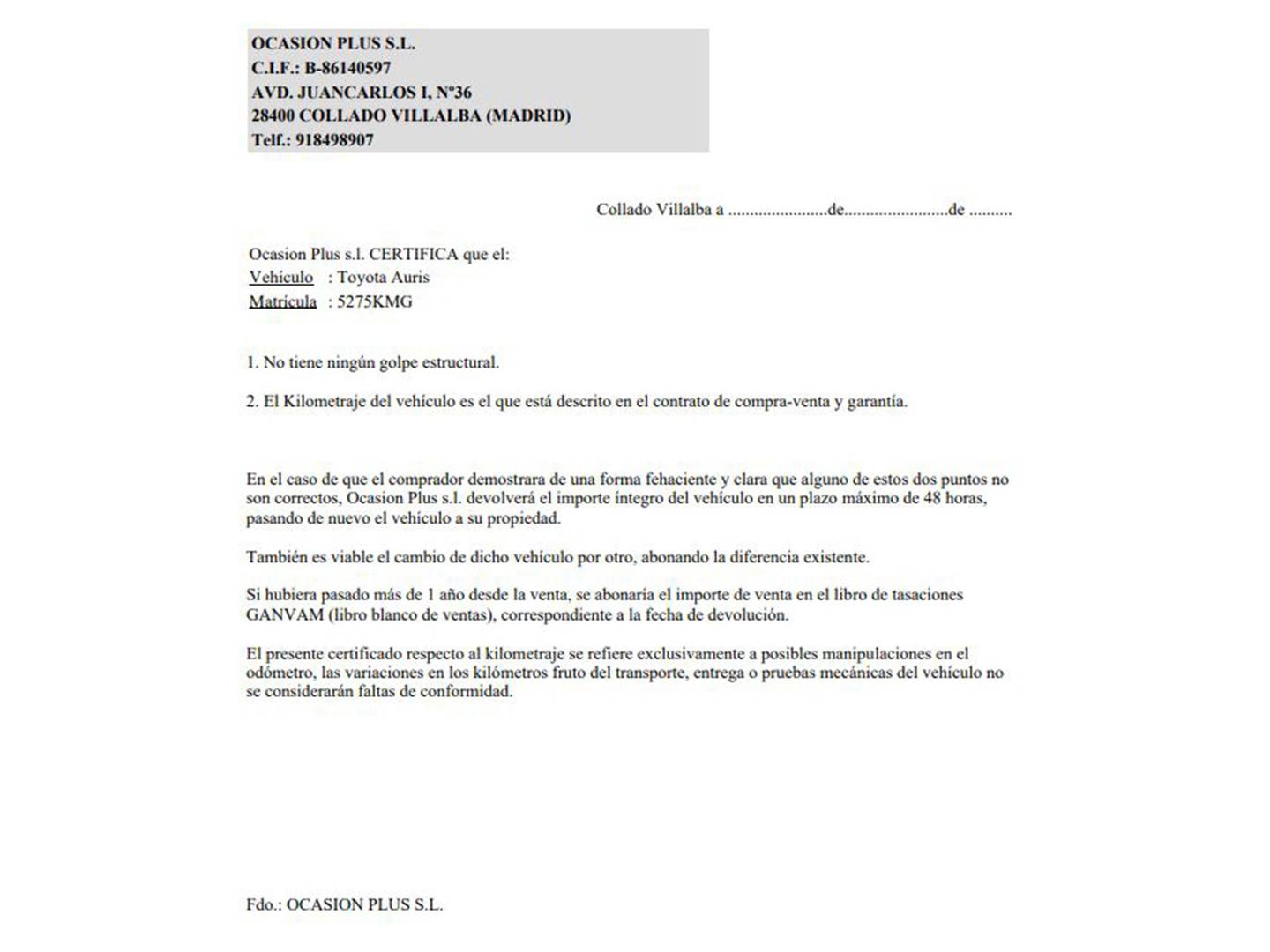 Foto del certificado del Toyota Auris Toyota Auris 1.8 140H Hybrid Feel! Edition