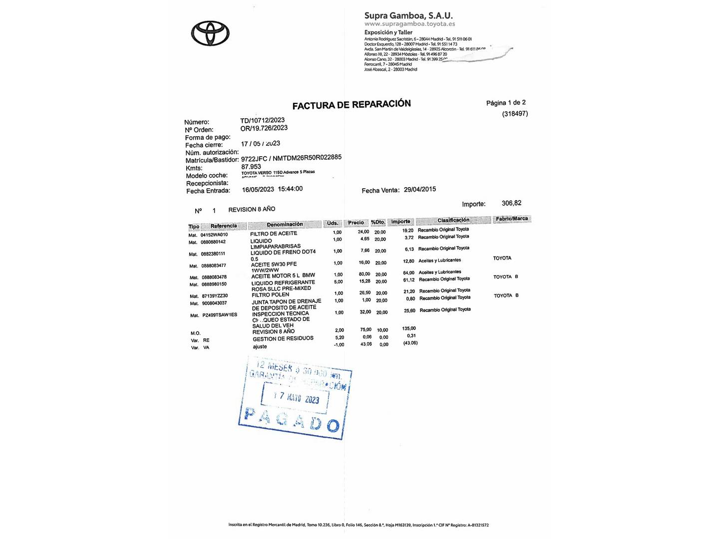 Foto del mantenimiento del Toyota Verso Toyota Verso 115D Advance (112 CV)