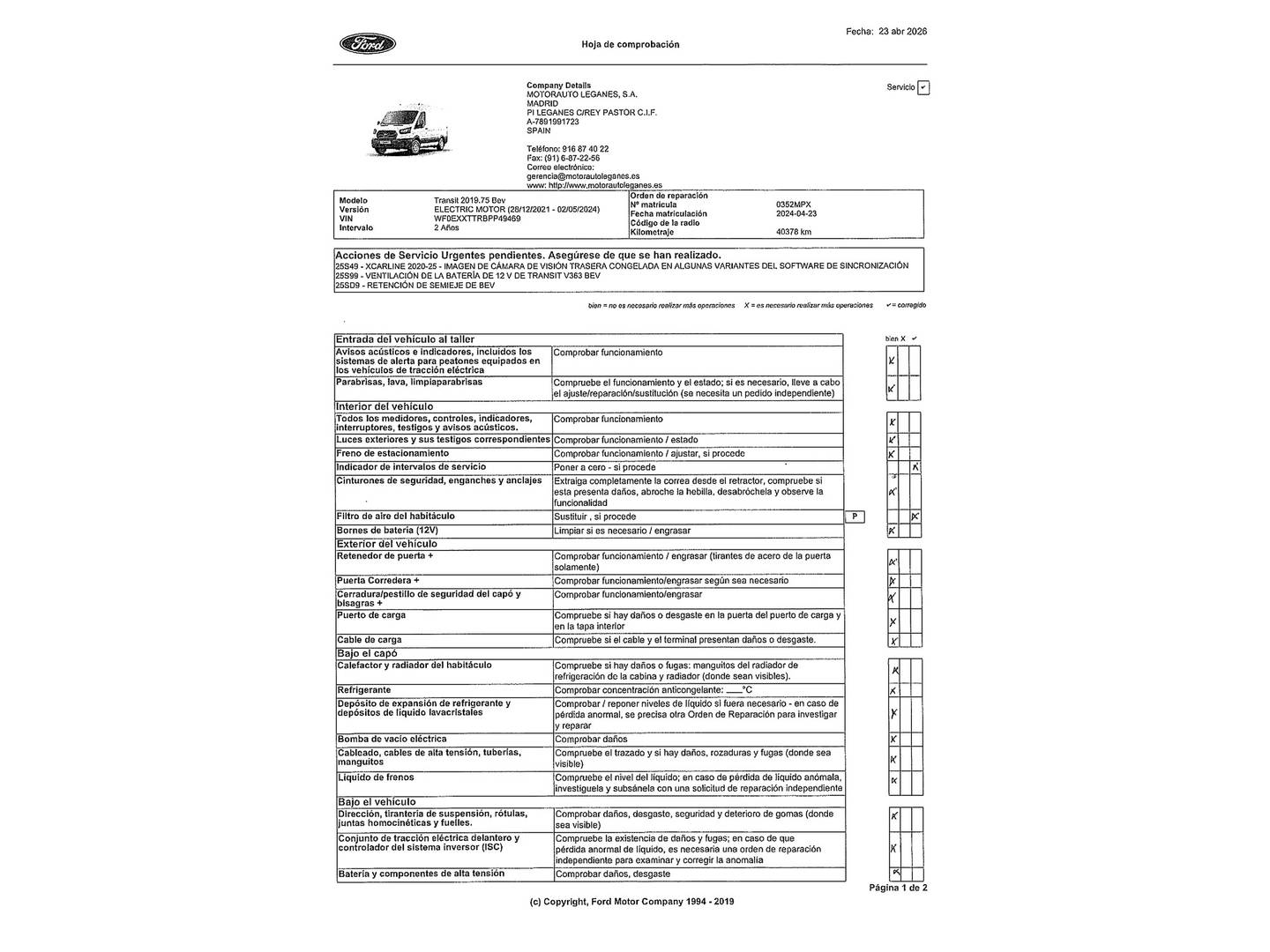 Foto del mantenimiento del Ford Transit FORD Transit 350 L3 68kWh Trend RWD (184CV)BEV