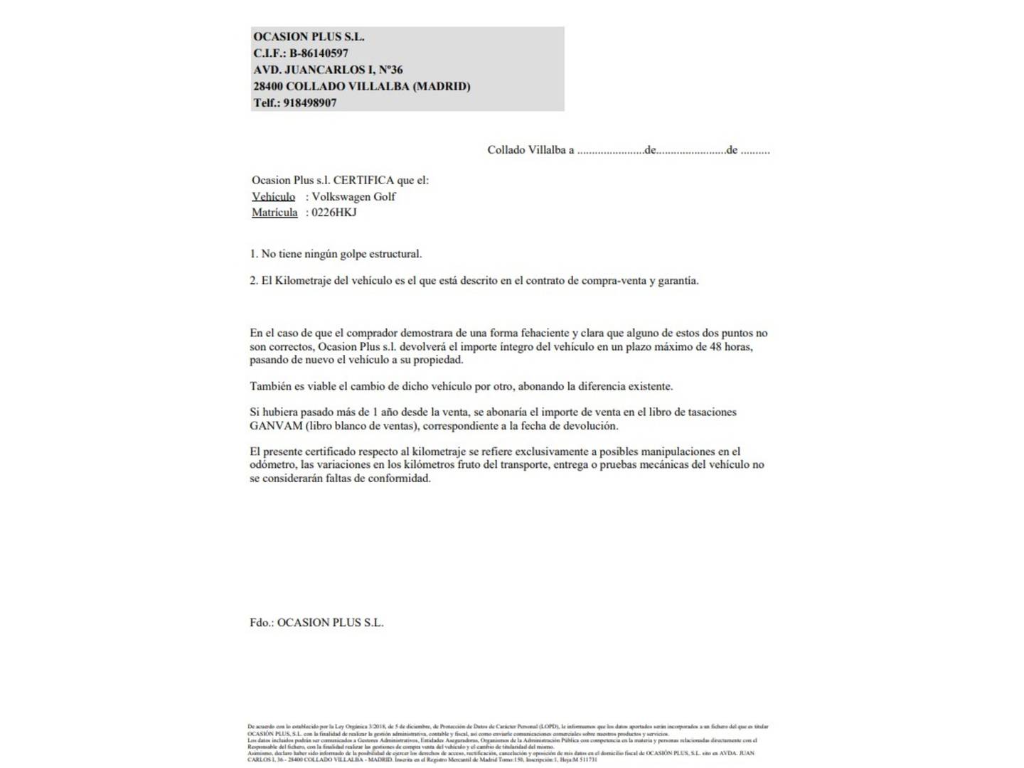 Foto del certificado del Volkswagen Golf Volkswagen Golf Advance Rabbit 1.2 TSI (105 CV)