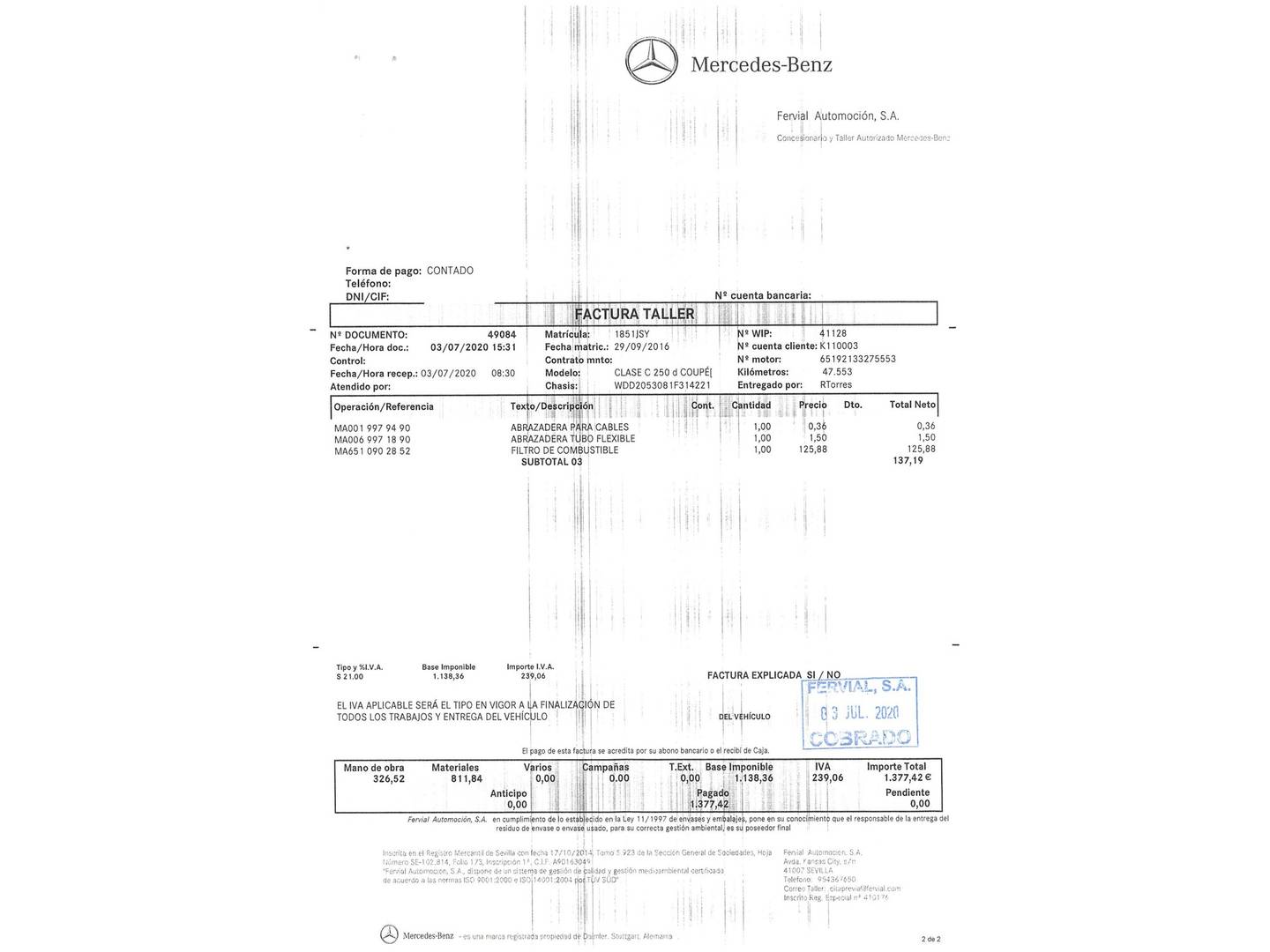 Foto del mantenimiento del Mercedes Clase C Mercedes Clase C C Coupe 250 d (204 CV) Pack AMG