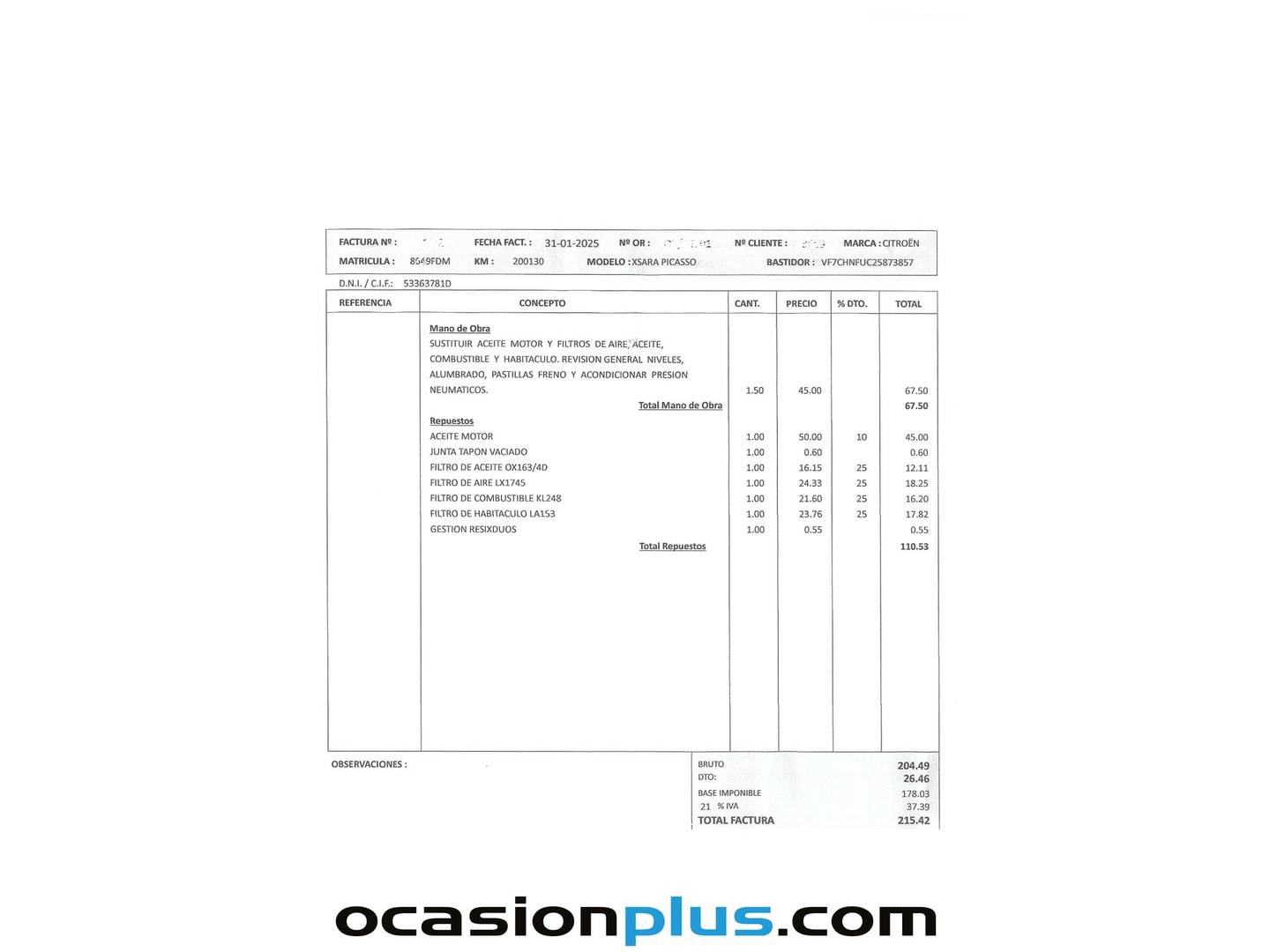 Foto del mantenimiento del Citroën Xsara Picasso Citroën Xsara Picasso 1.6 SX Top (110 CV)