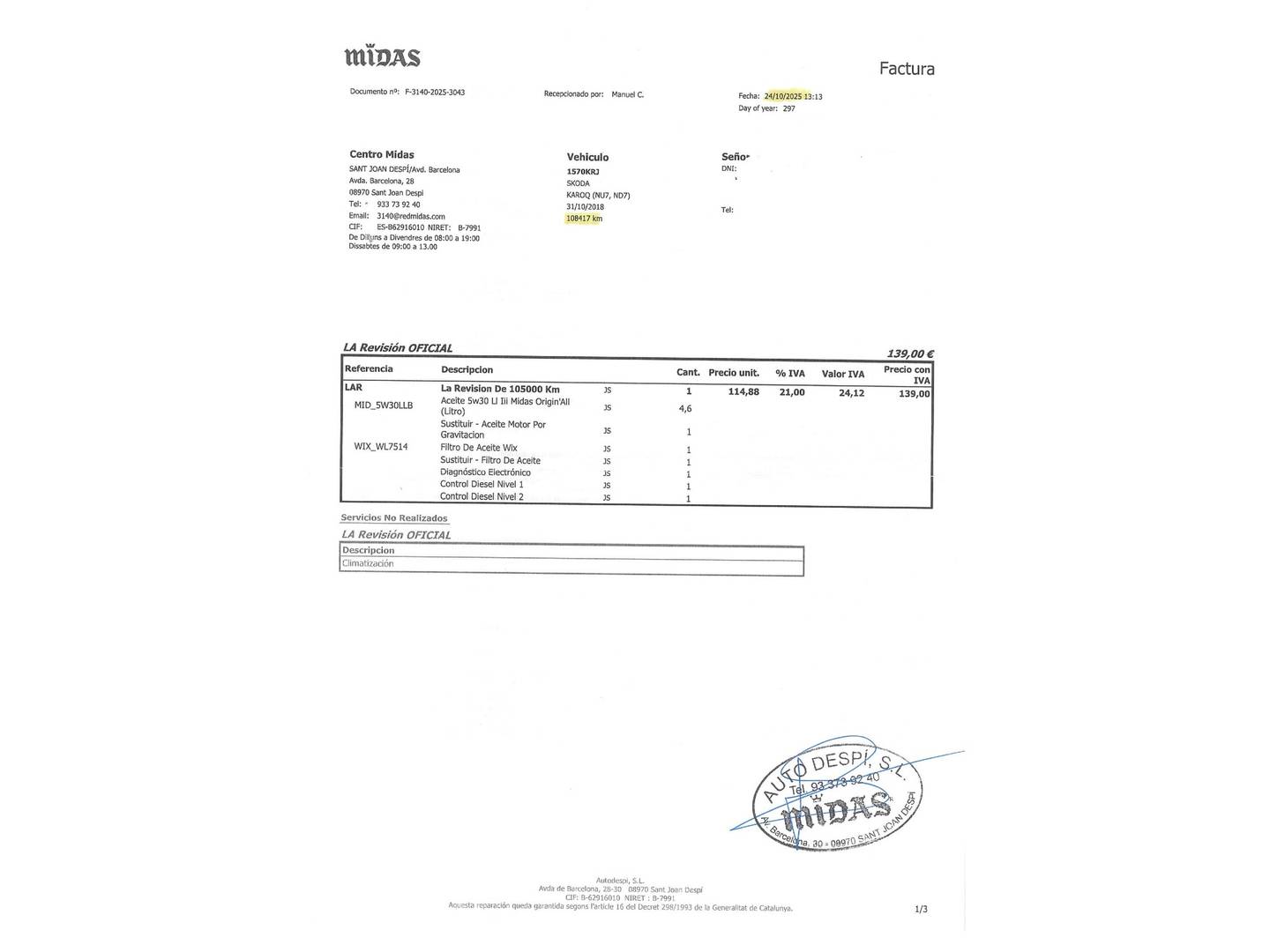 Foto del mantenimiento del Skoda Karoq Skoda Karoq 1.6 TDI Ambition (115 CV)