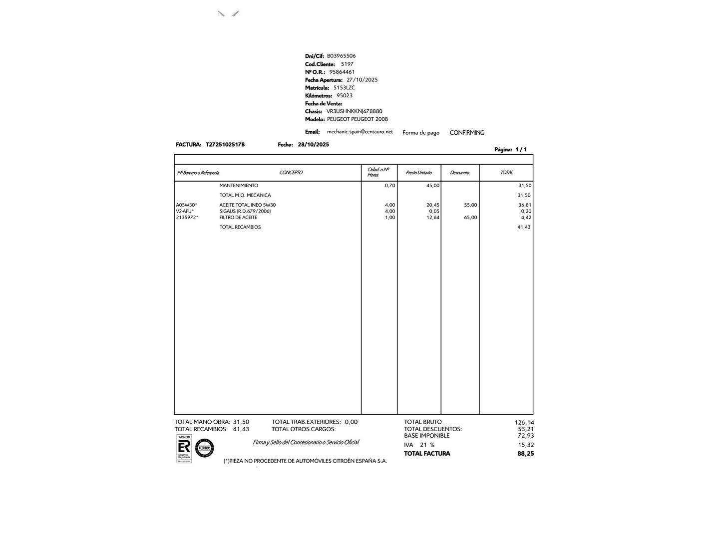 Foto del mantenimiento del Peugeot 2008 Peugeot 2008 Puretech 100 S&S Active Pack (100 CV)