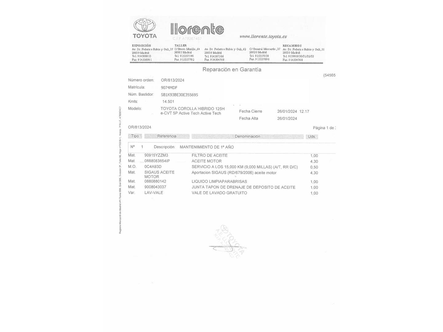 Foto del mantenimiento del Toyota Corolla Toyota Corolla 1.8 125 Híbrido Active Tech E-CVT (122 CV)