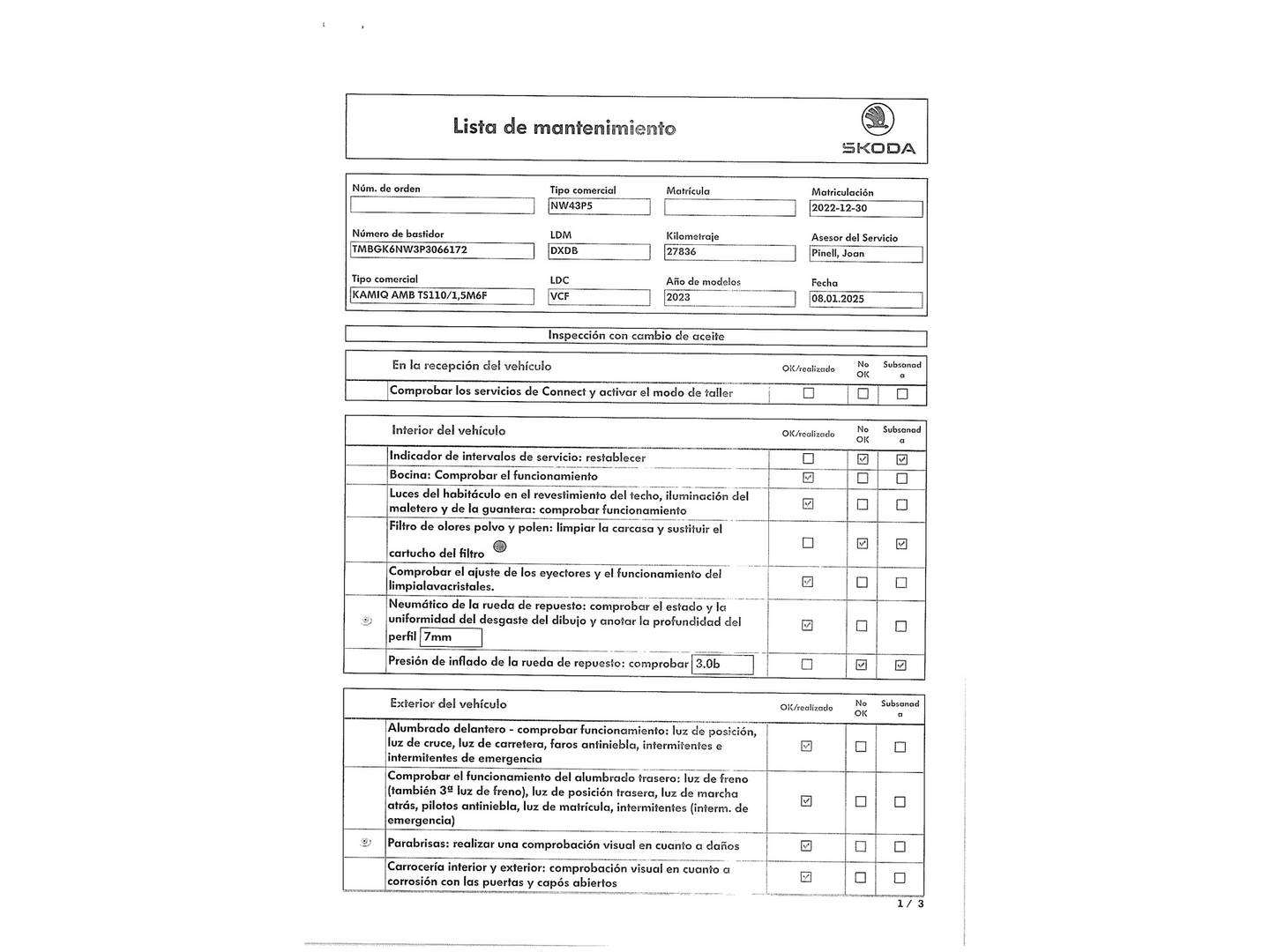Foto del mantenimiento del Skoda Kamiq Skoda Kamiq 1.5 TSI Ambition (150 CV)