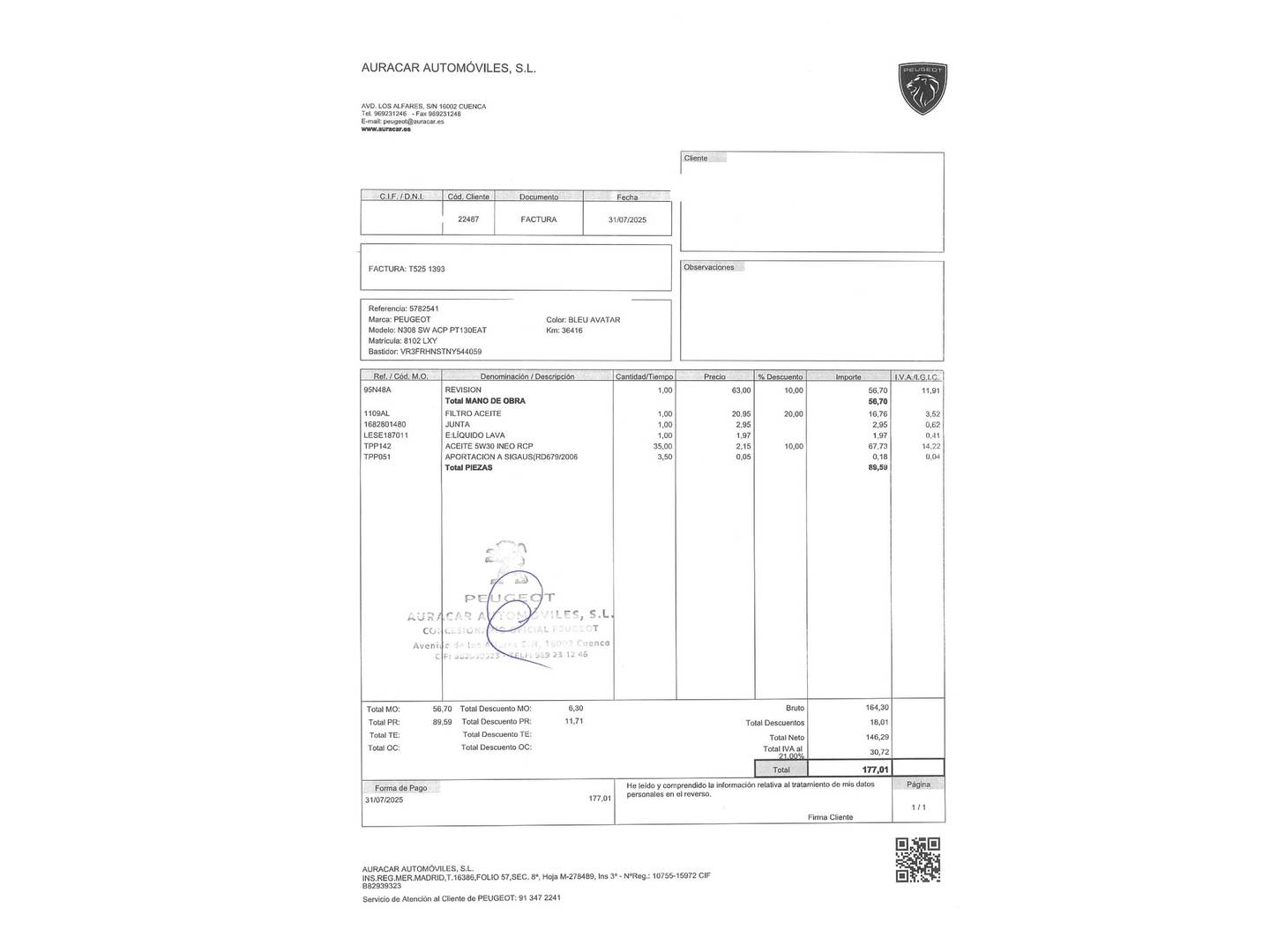 Foto del mantenimiento del Peugeot 308 Peugeot 308 SW Active Pack S&S PureTech (130 CV) EAT8