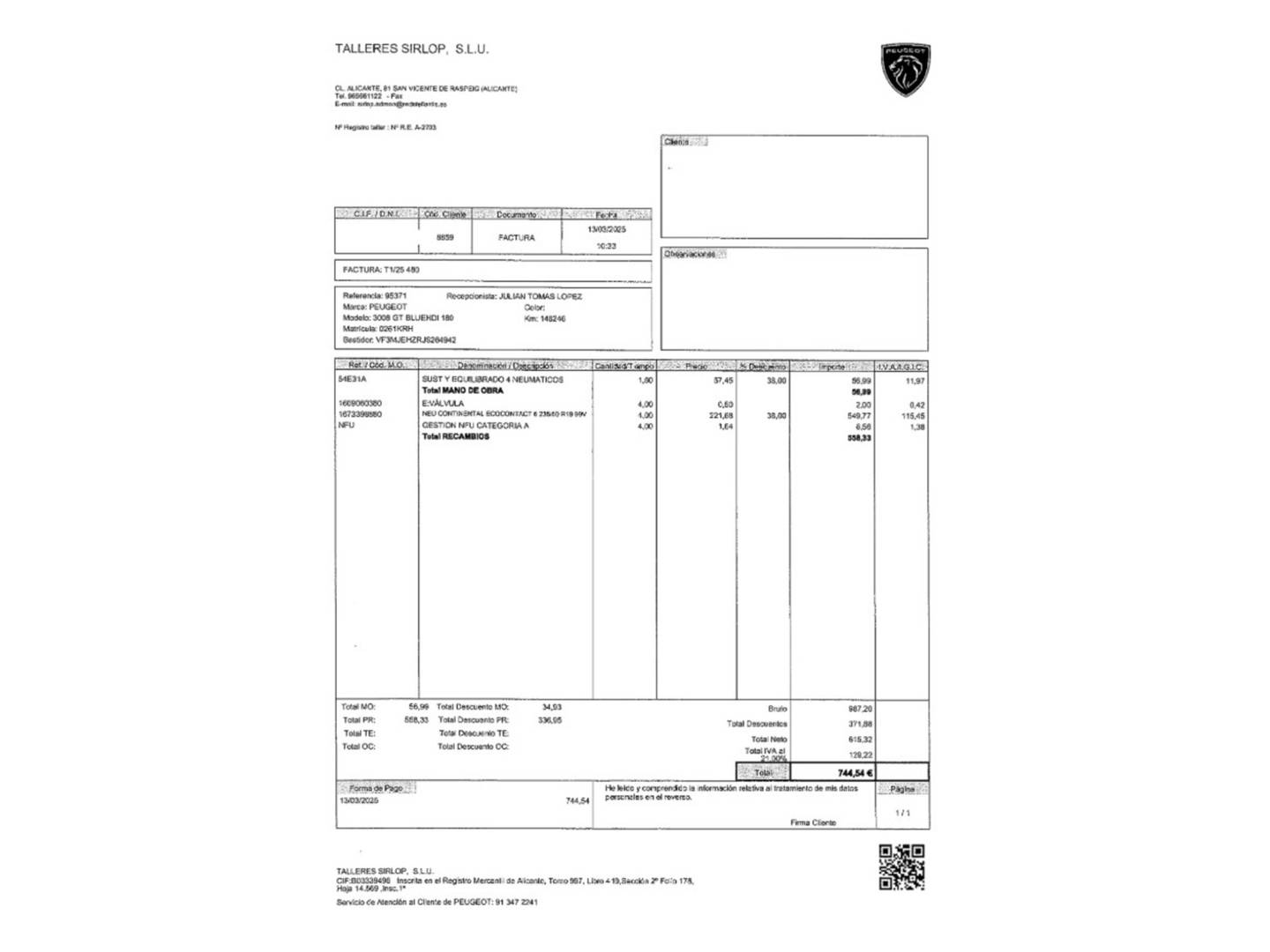 Foto del mantenimiento del Peugeot 3008 Peugeot 3008 BlueHDi 180 S&S GT EAT8 (180 CV)