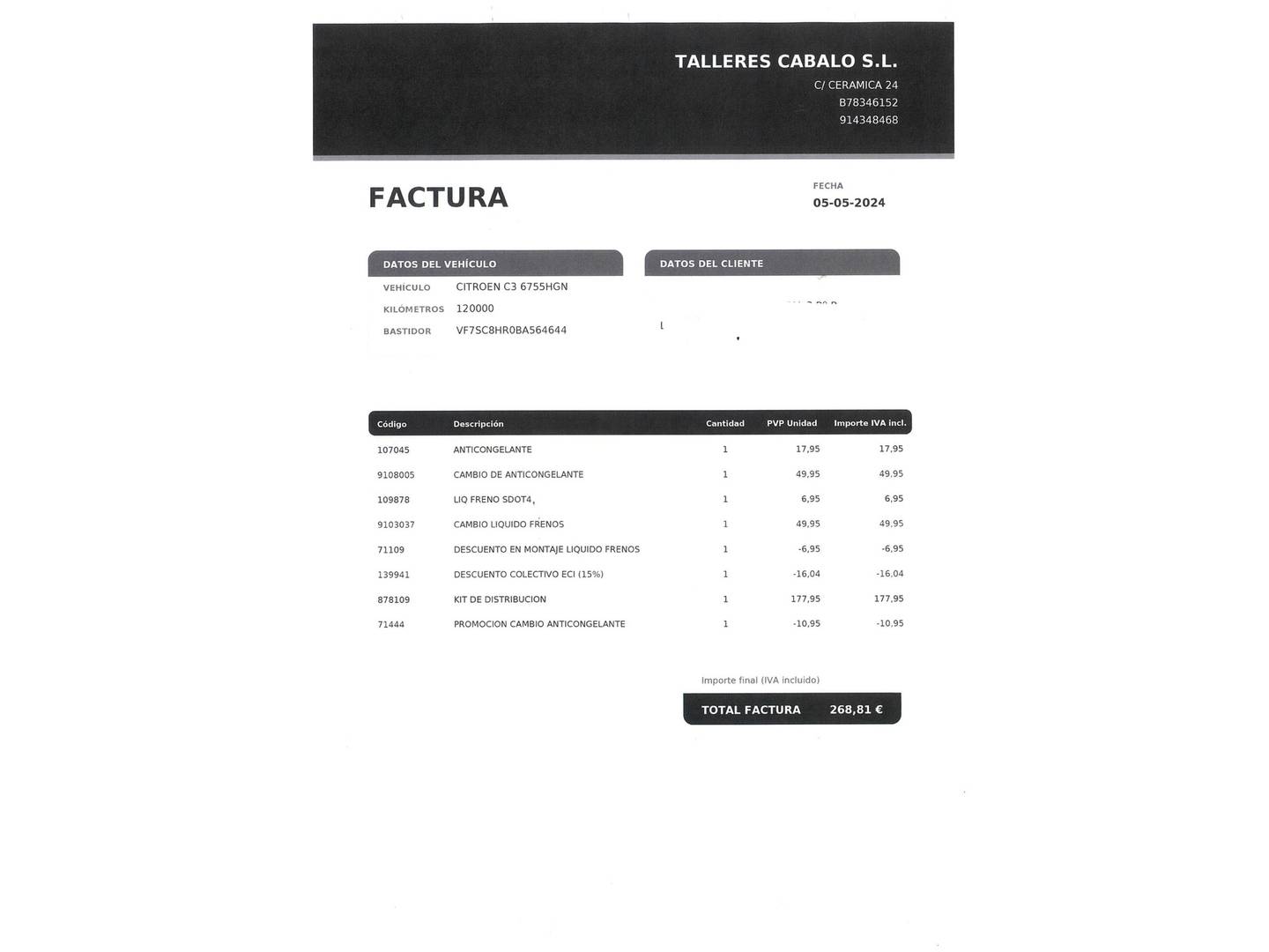 Foto del mantenimiento del Citroën C3 Citroën C3 HDi 70 Attraction (68 CV)