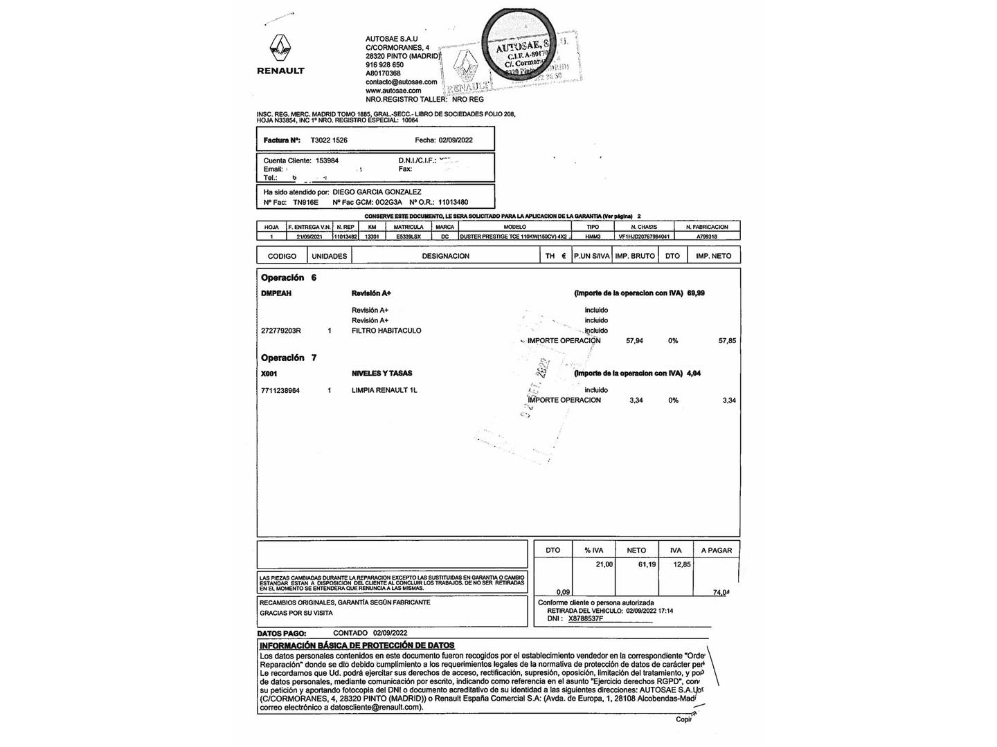 Foto del mantenimiento del Dacia Duster Dacia Duster Prestige TCE 110 kW (150 CV) EDC