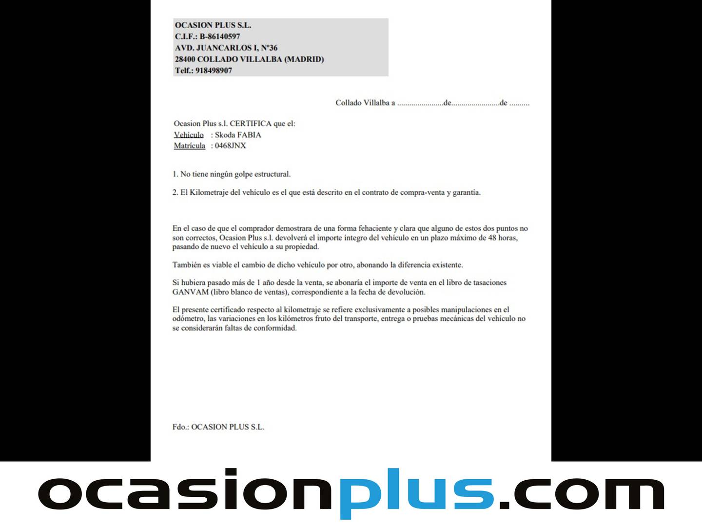 Foto del certificado del Skoda Fabia Skoda Fabia 1.0 MPI Ambition (75 CV)