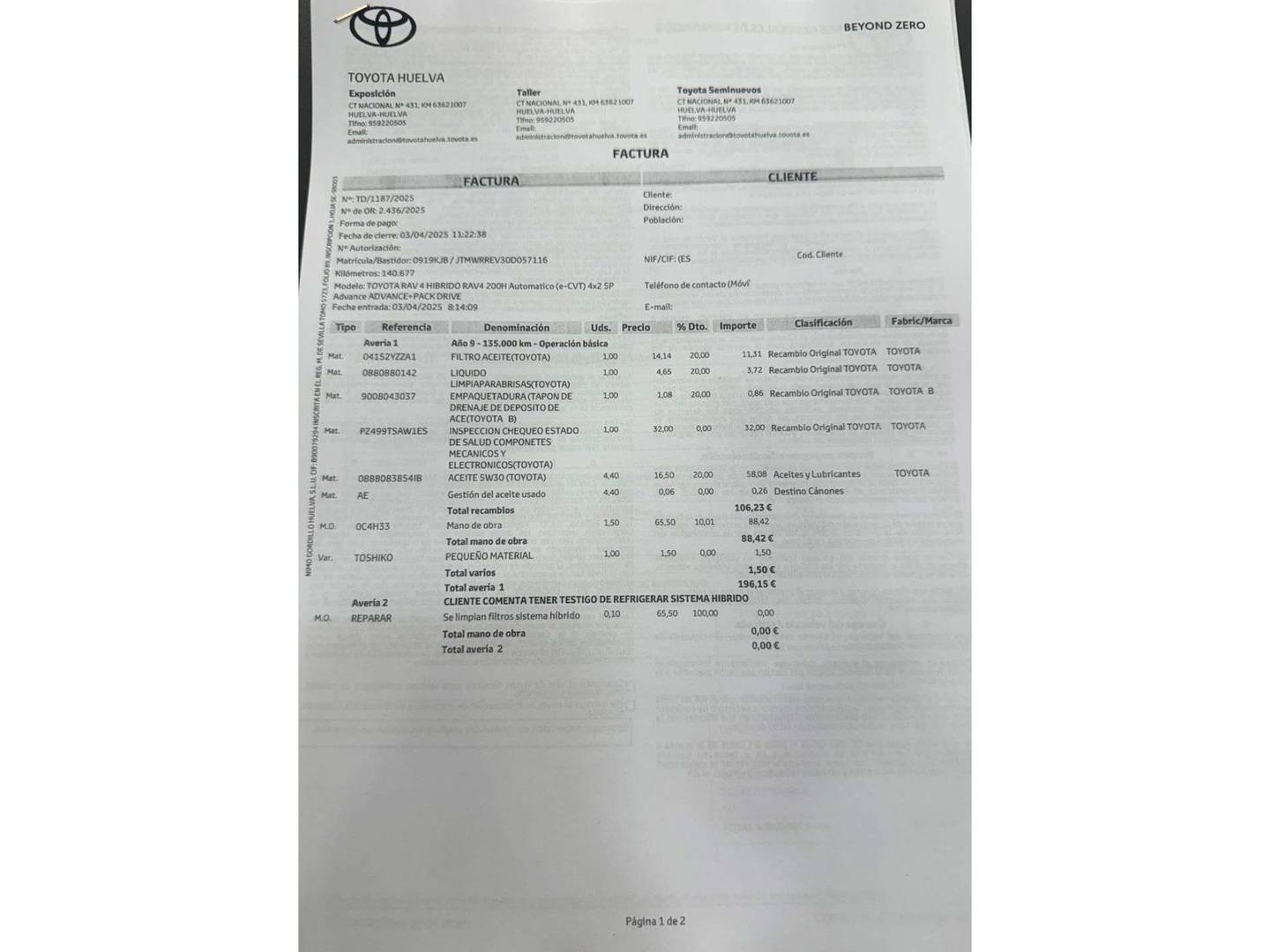 Foto del mantenimiento del Toyota Rav4 Toyota Rav4 2.5l hybrid Advance 2WD (197 CV)