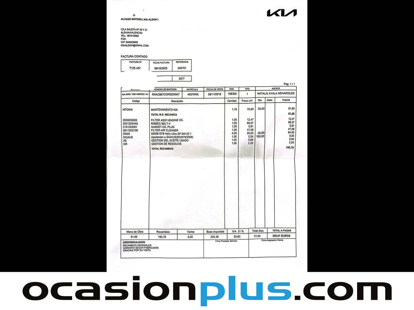 Foto del mantenimiento del KIA Niro Kia Niro 1.6 GDi HEV Híbrido Drive (141 CV)