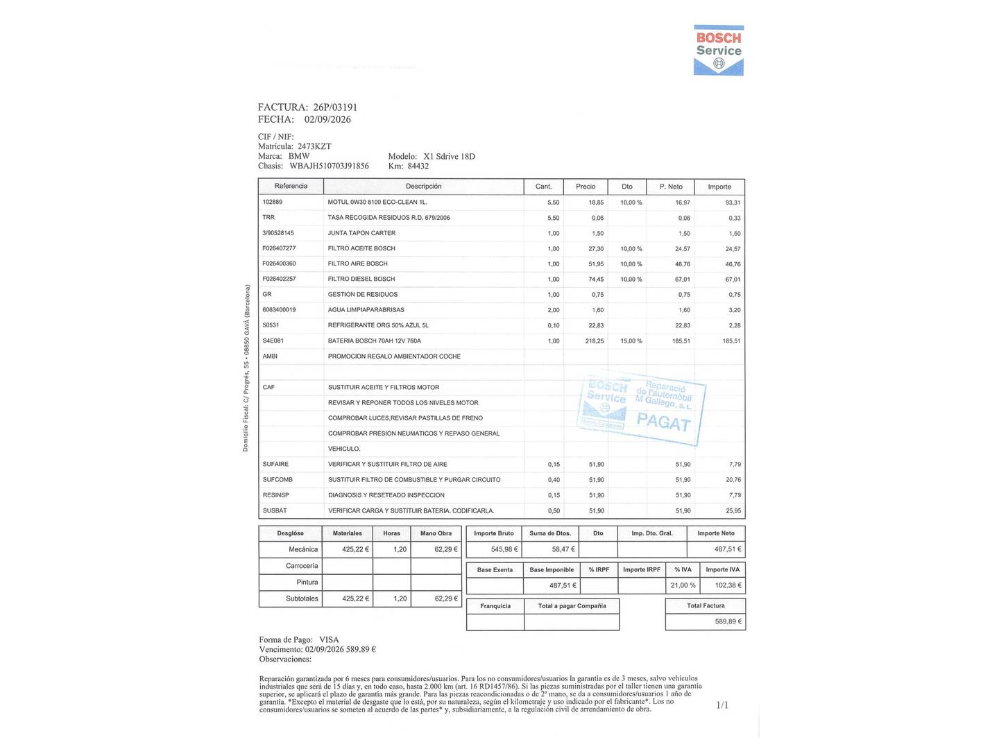 Foto del mantenimiento del BMW X1 BMW X1 sDrive18d (150 CV)
