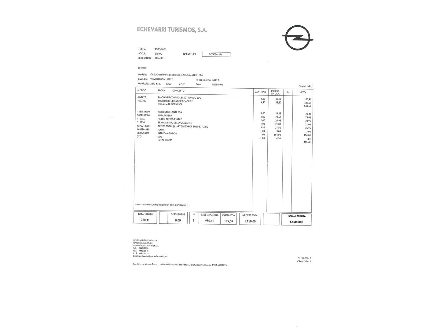 Foto del mantenimiento del Opel Crossland X Opel Crossland X 1.2 Turbo S&S ecoTEC Excellence (110 CV)
