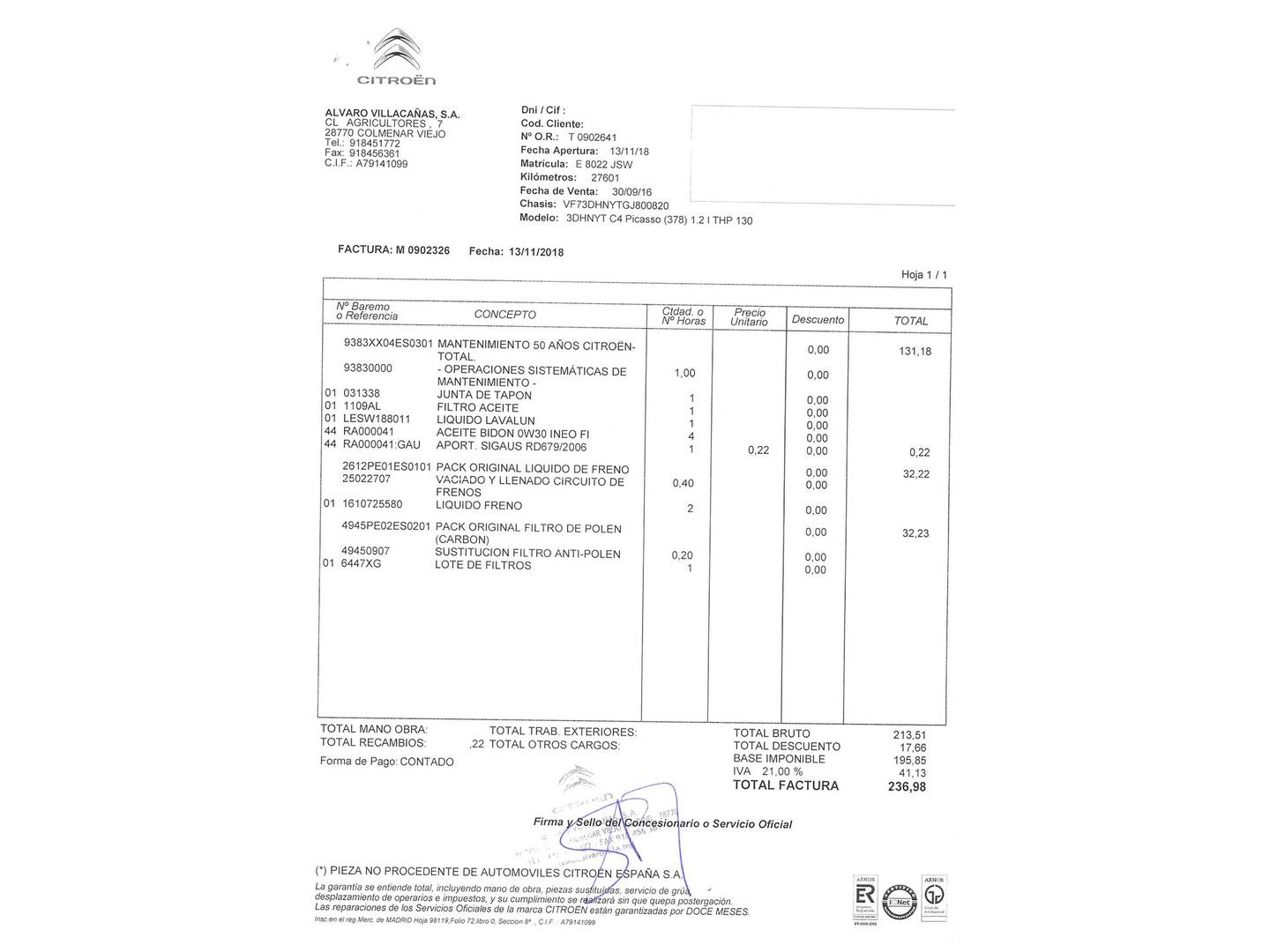 Foto del mantenimiento del Citroën C4 Picasso Citroën C4 Picasso PureTech 130 S&S 6v Shine EAT6 (130 CV)
